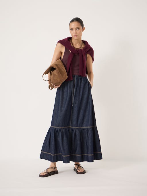 Betty Tiered Denim Midi Skirt