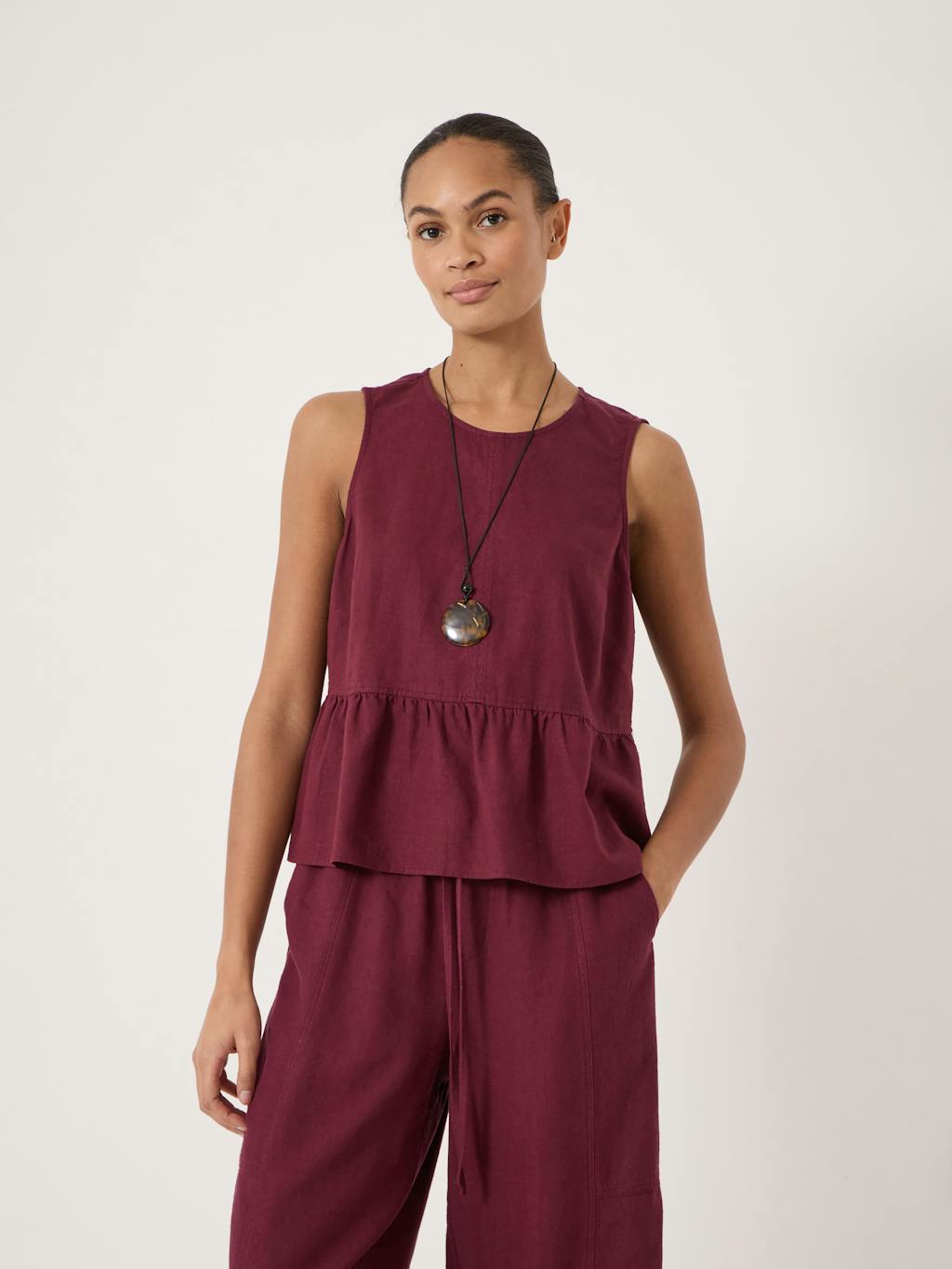 014594-3278-01 Nomie Halter Neck Linen Peplum Top
