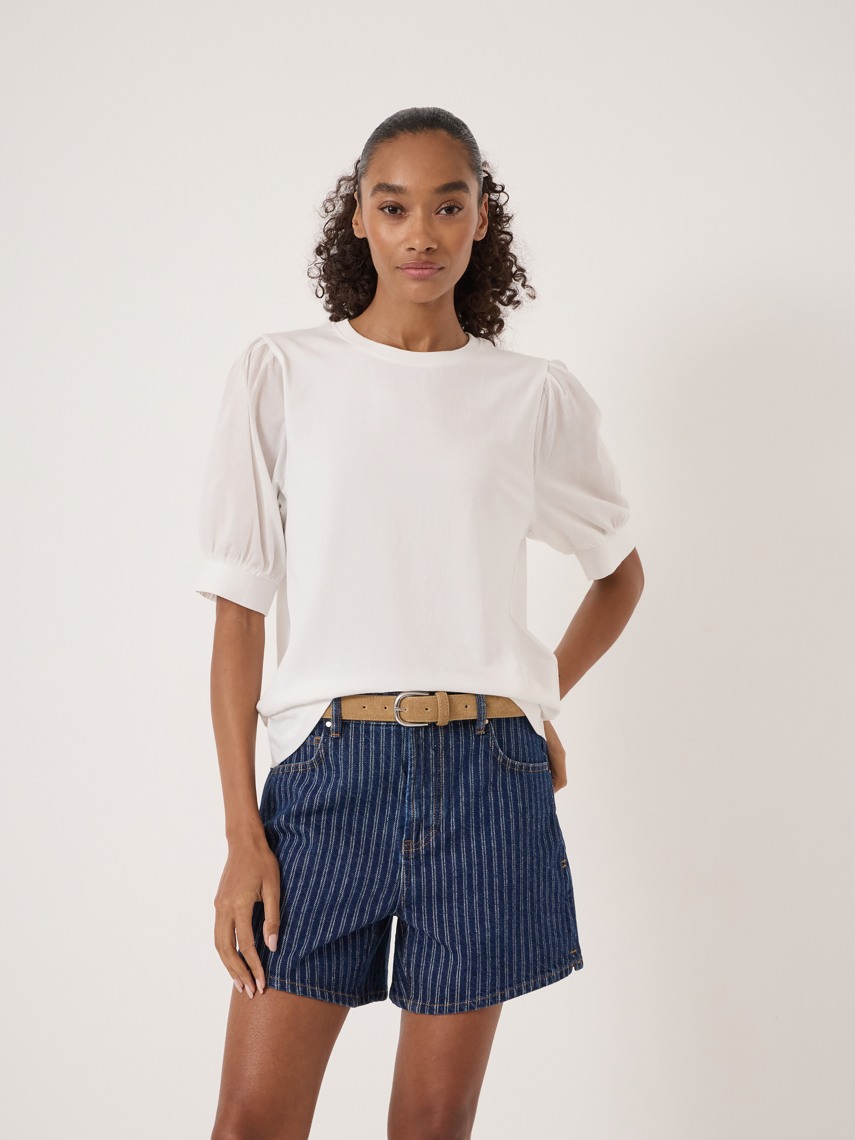 Talia Cotton Woven Puff Sleeve T-Shirt (Off White)