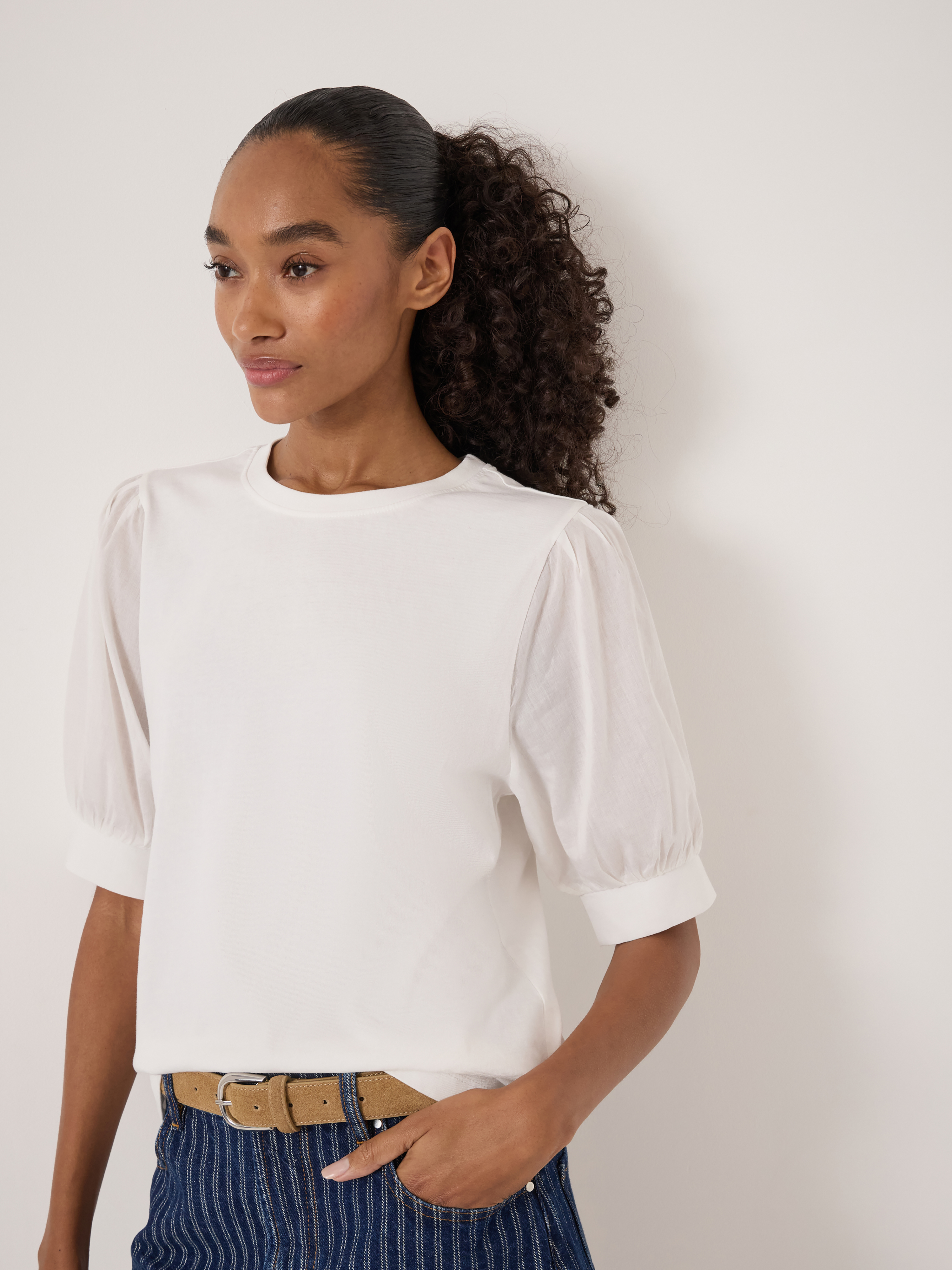 Talia Cotton Woven Puff Sleeve T-Shirt (Off White)