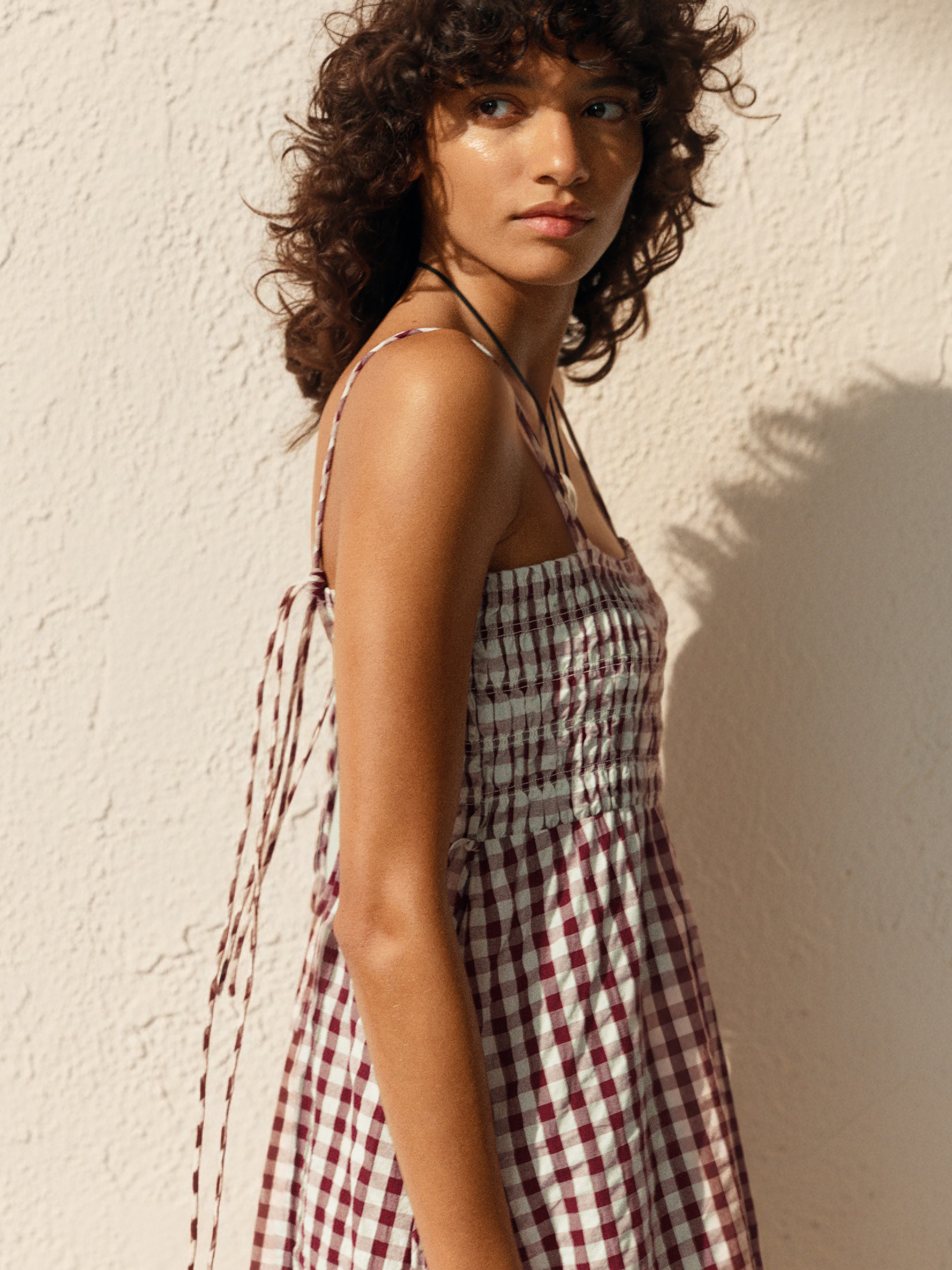 Leni Shirred Gingham Beach Dress