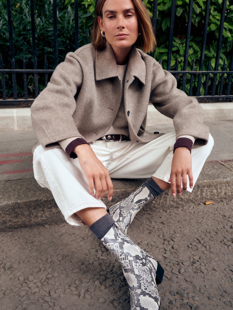 Leather Snake Print Square Toe Boots
