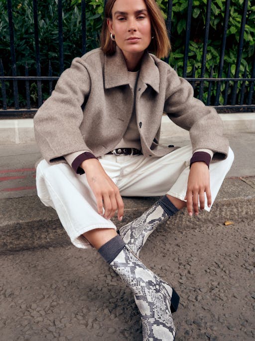 Leather Snake Print Square Toe Boots