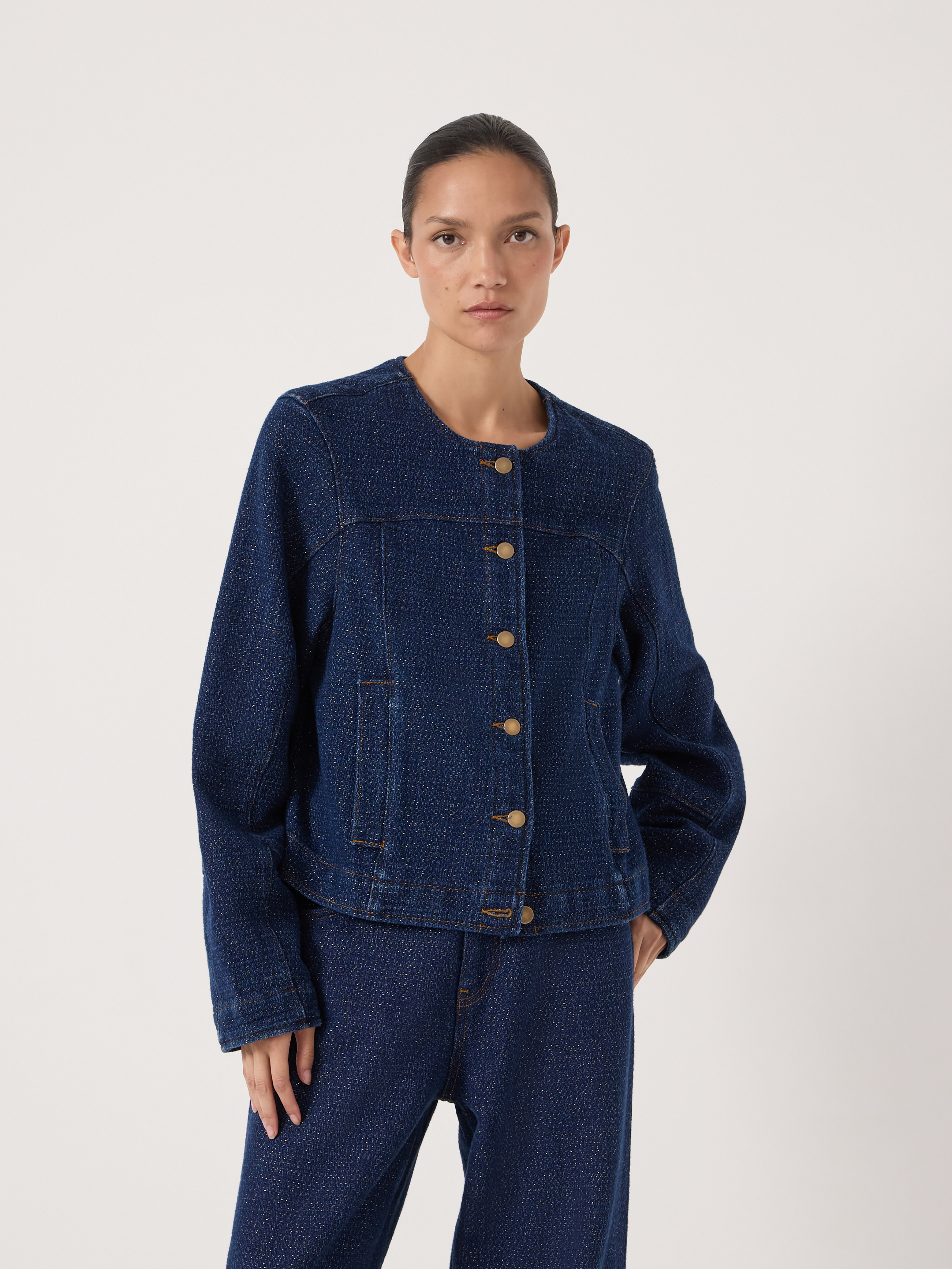 Collarless Lurex Denim Jacket