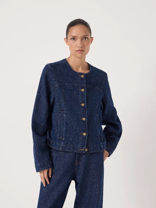 Collarless Lurex Denim Jacket