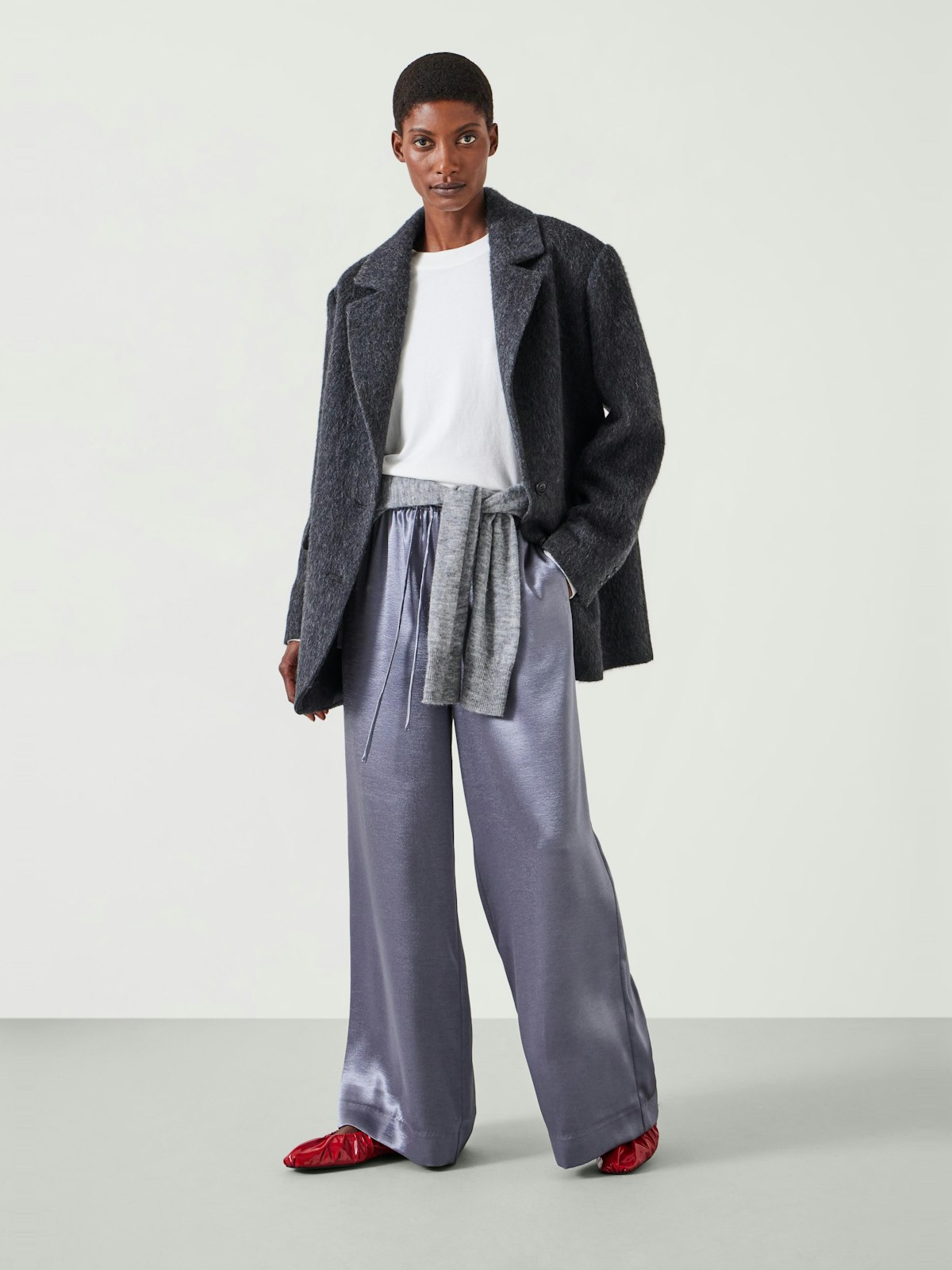 Aurora Satin Wide Leg Trousers | Gunmetal | hush
