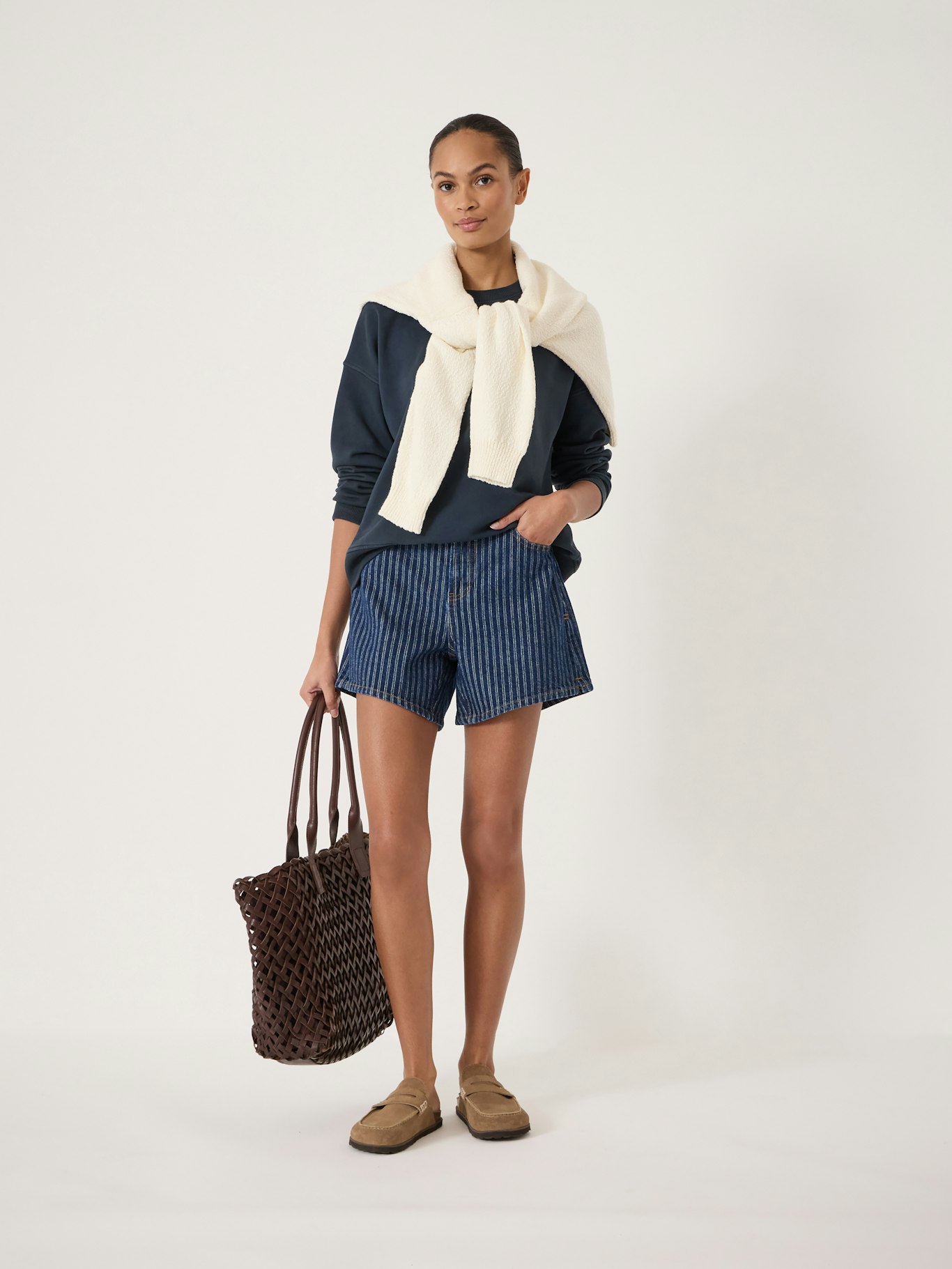 014464-4519-01 Essential Mid-Rise Denim Striped Shorts