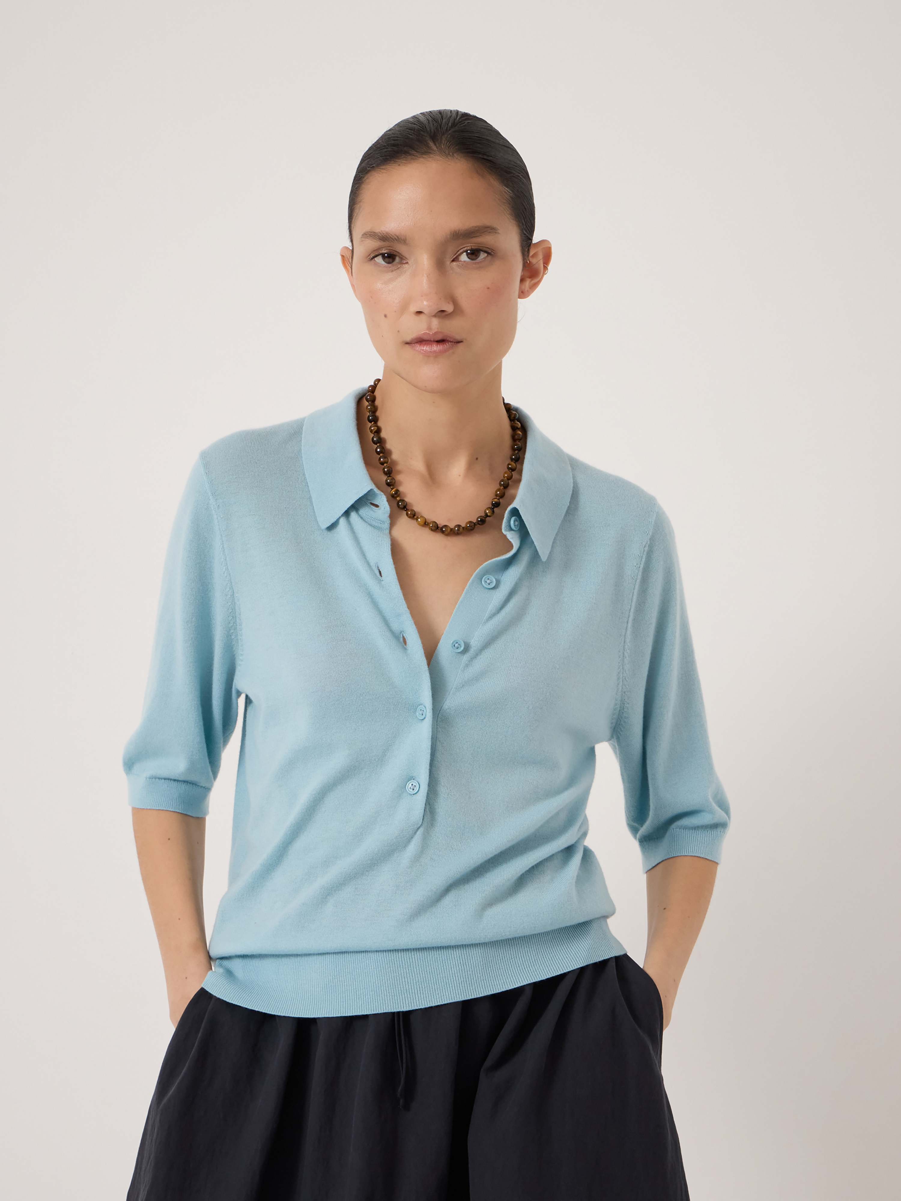 Fine Knit Short Sleeve Polo Top