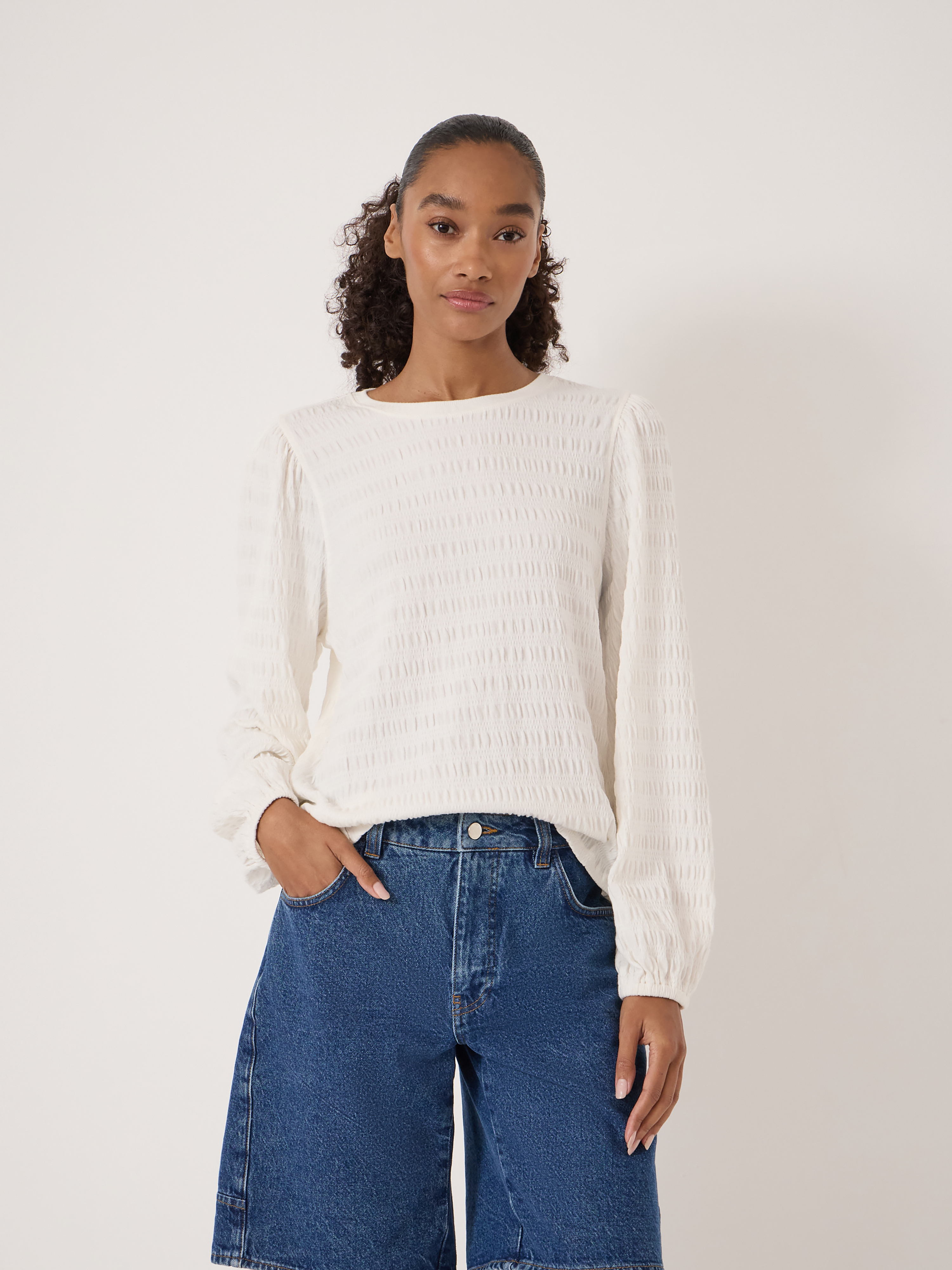 Thalia Seersucker Jersey Top | Stone White | hush