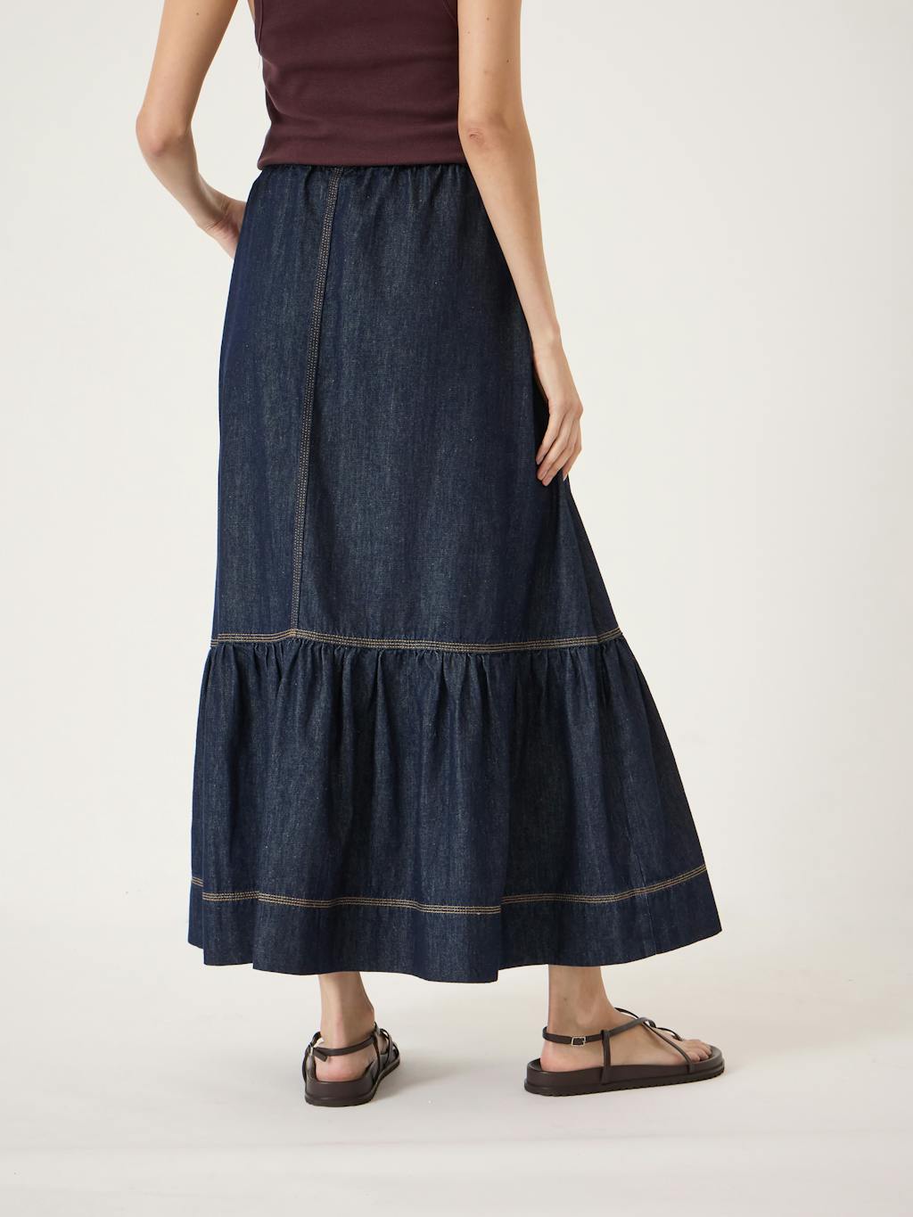 014442-4519-03 Betty Tiered Denim Midi Skirt