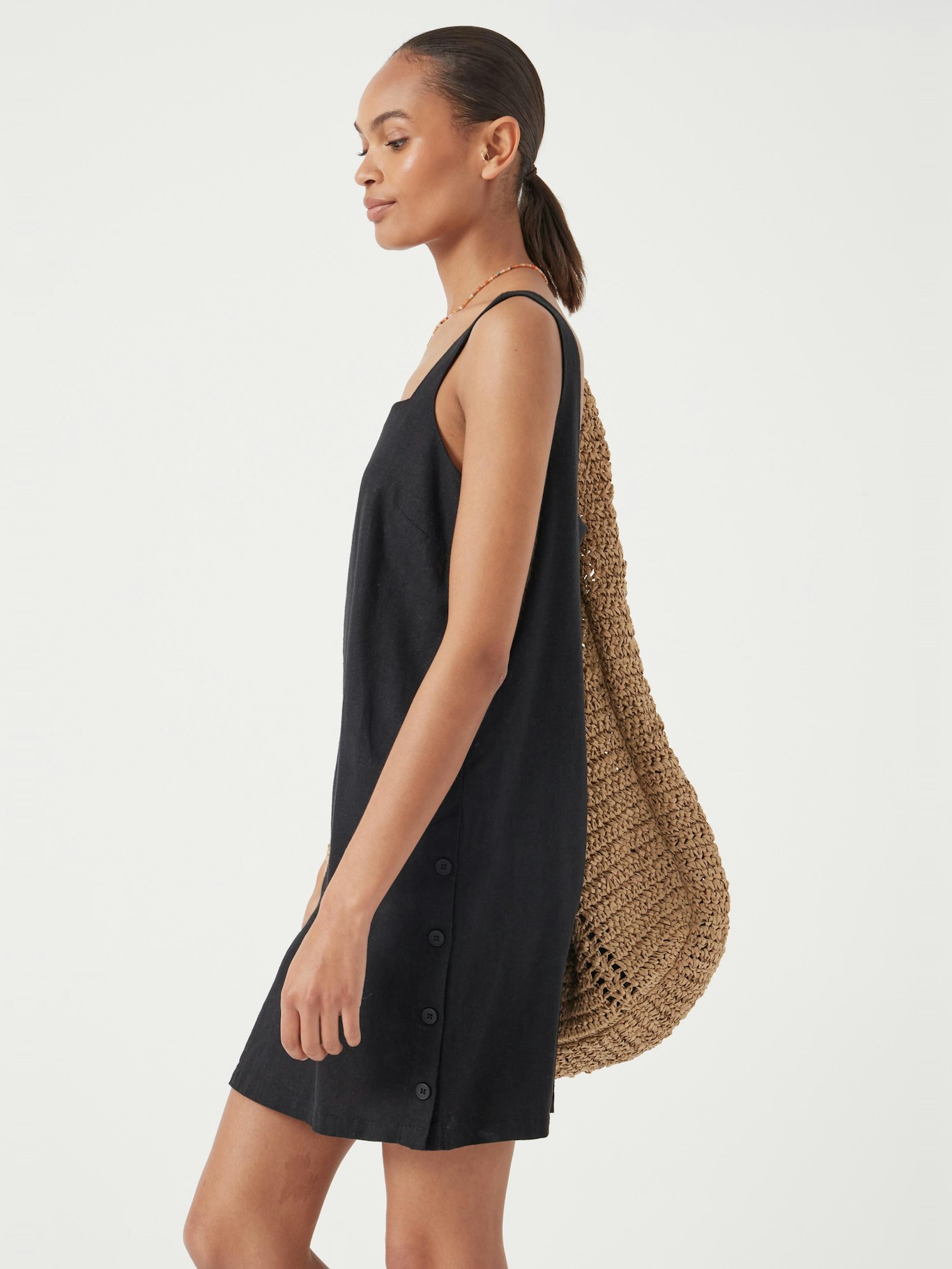 013847-0453-03 Square Neck Linen Blend Mini Dress