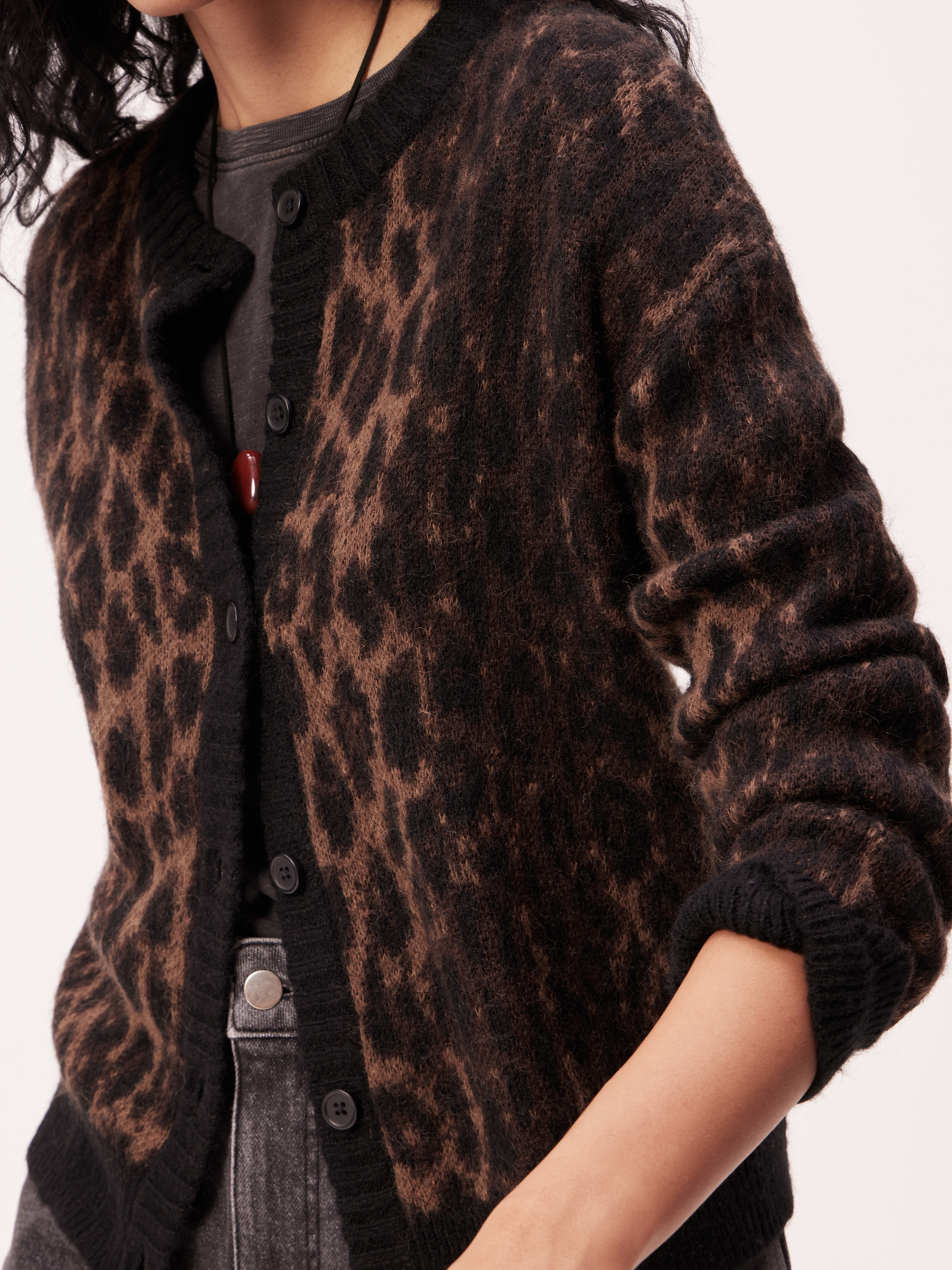 Crew Neck Animal Jacquard Cardigan with Mohair
