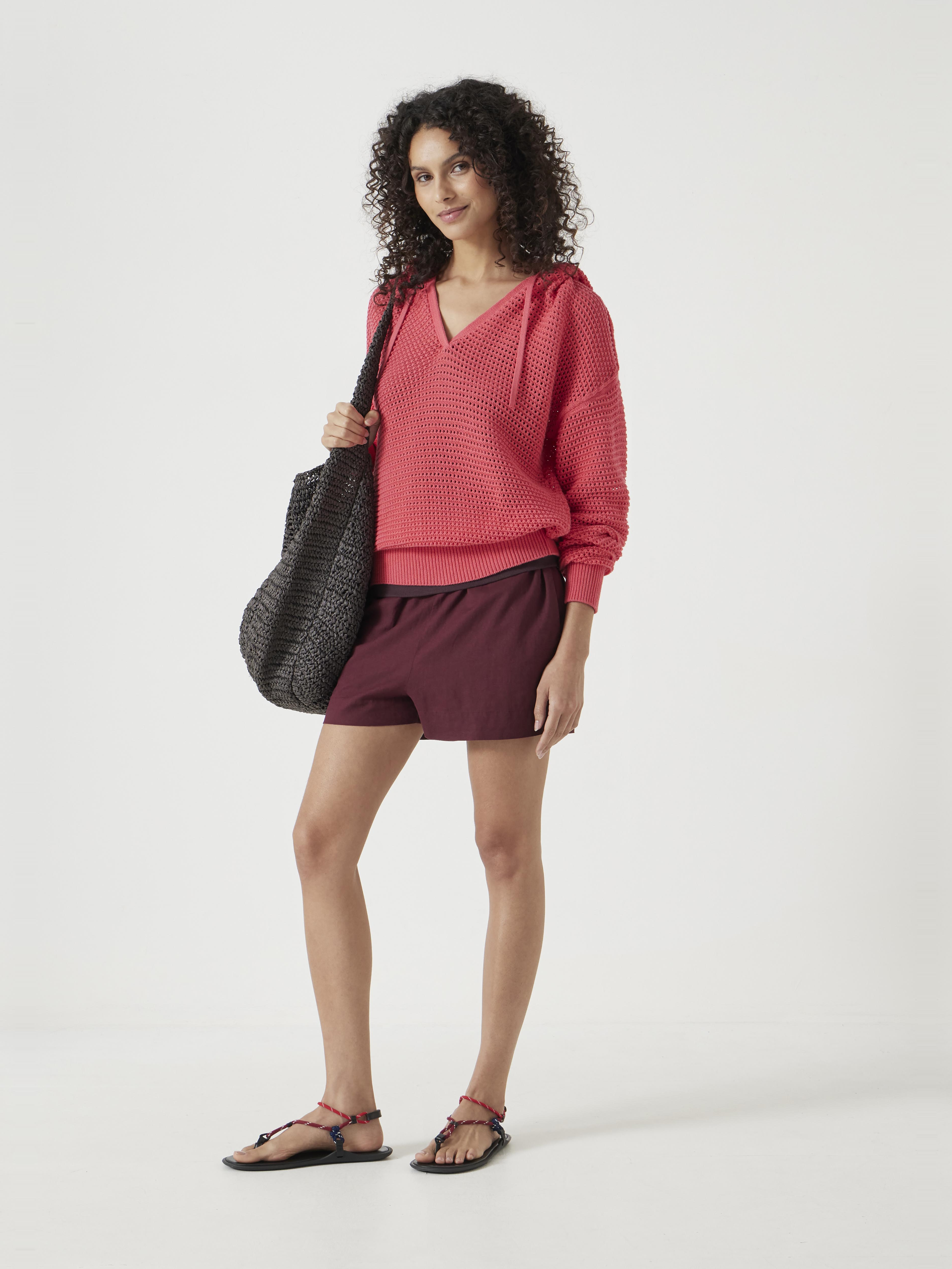 Open Stitch Cotton V Neck Hoodie