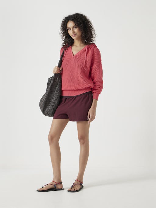 Open Stitch Cotton V Neck Hoodie