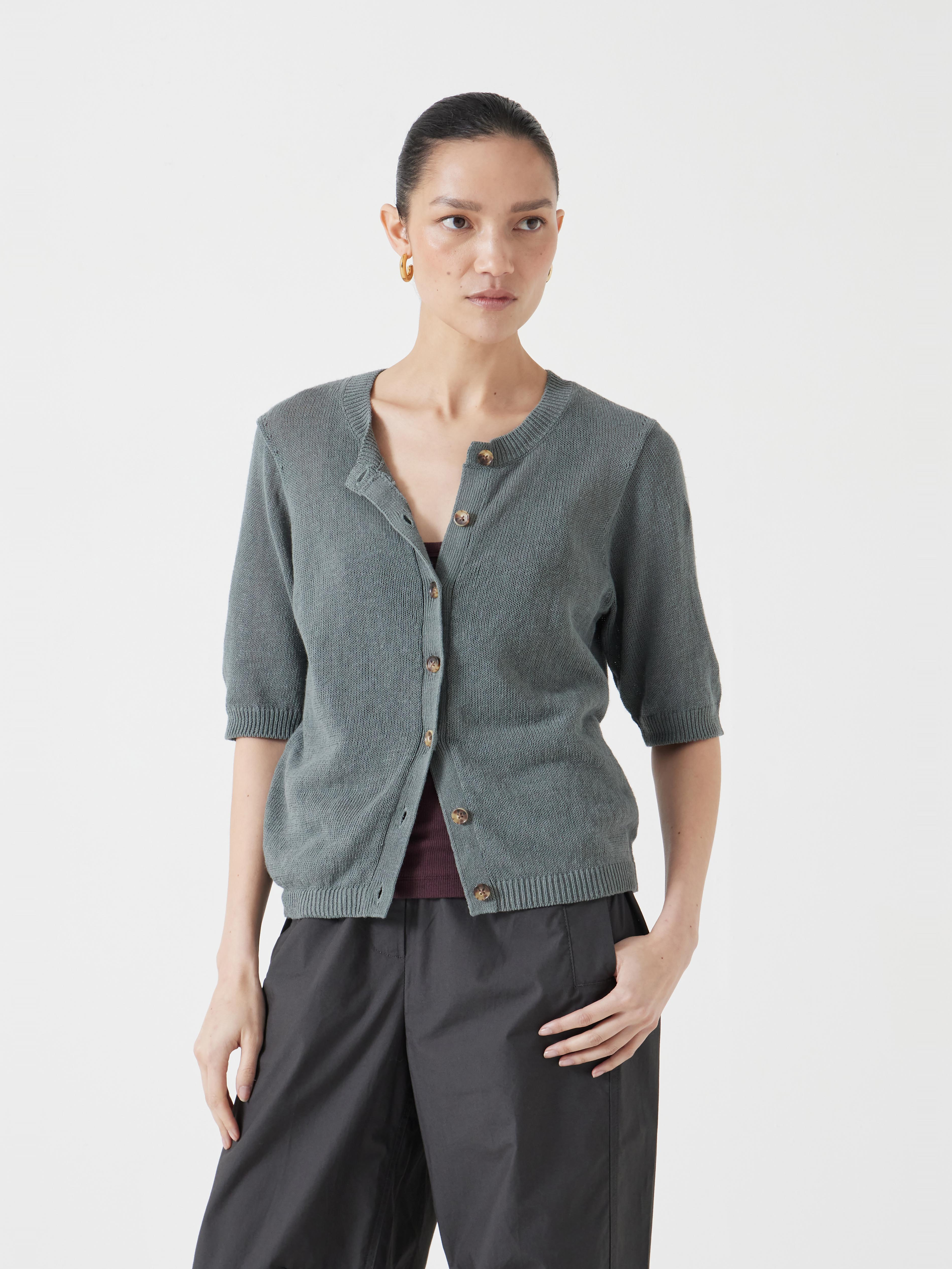 Linen Blend Short Sleeve Cardigan | Sage Green | hush