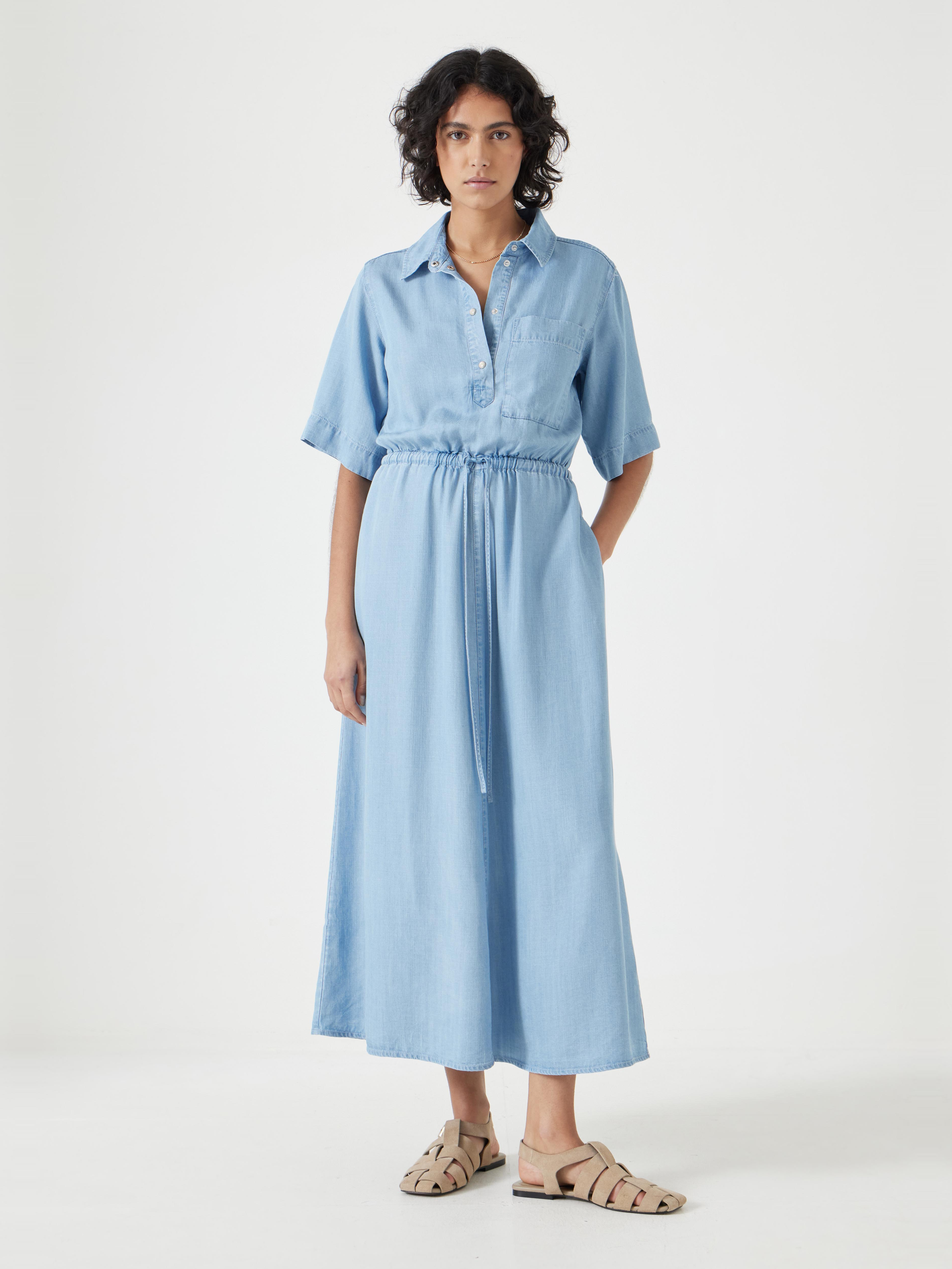 Short Sleeve Chambray Midi Shirt Dress | Light Blue | hush