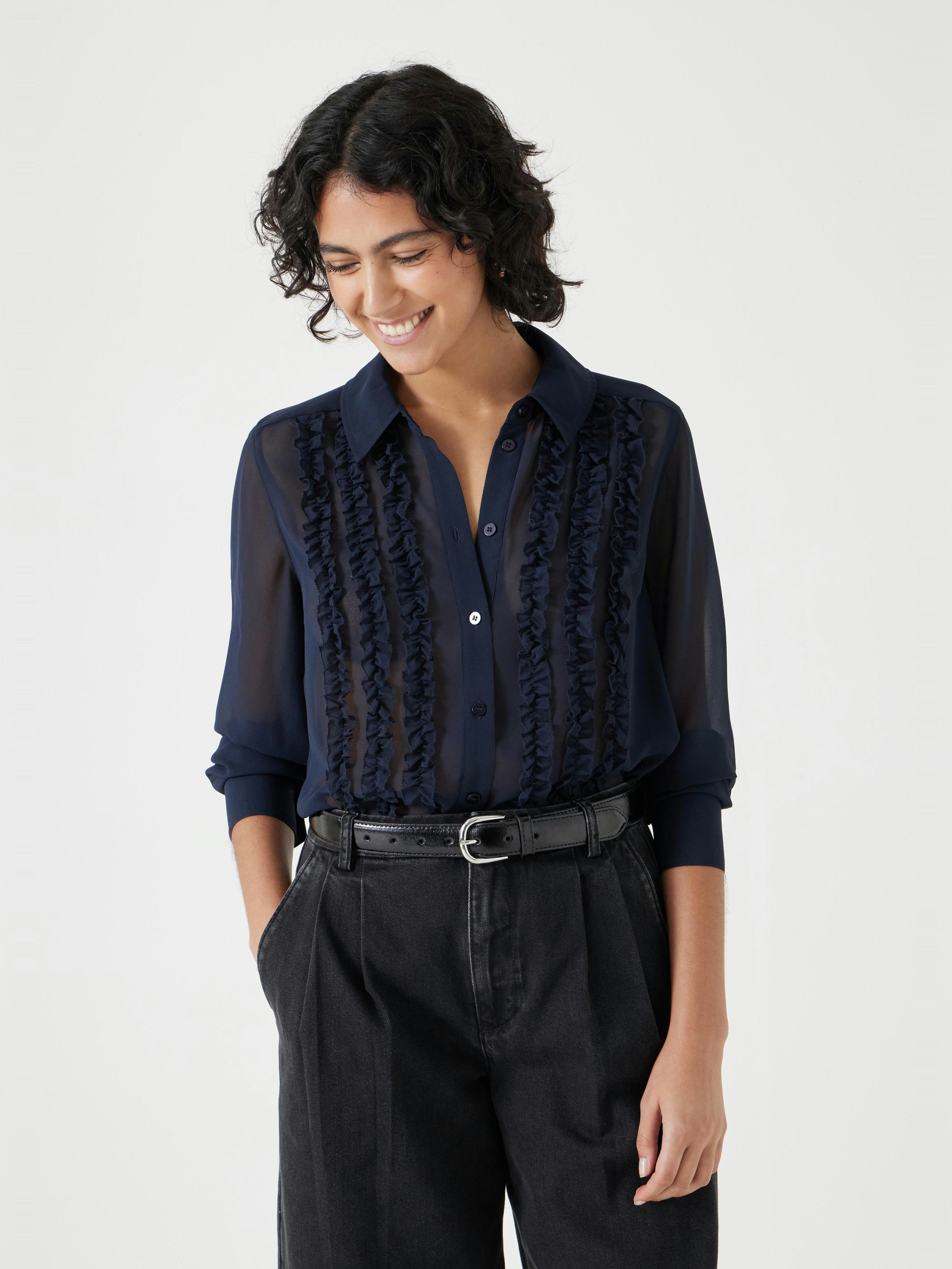 Chiffon Ruffle Blouse - Navy Blue | Hush