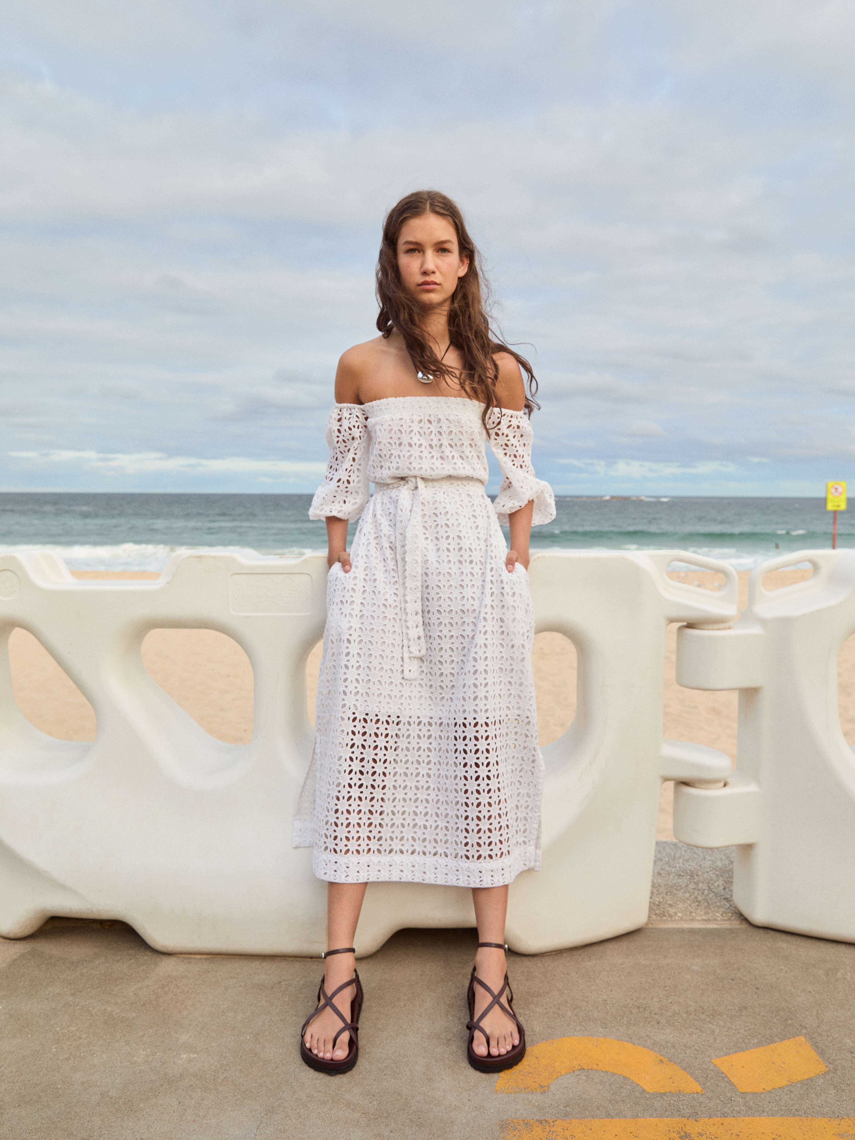 Broderie Off Shoulder Midi Dress