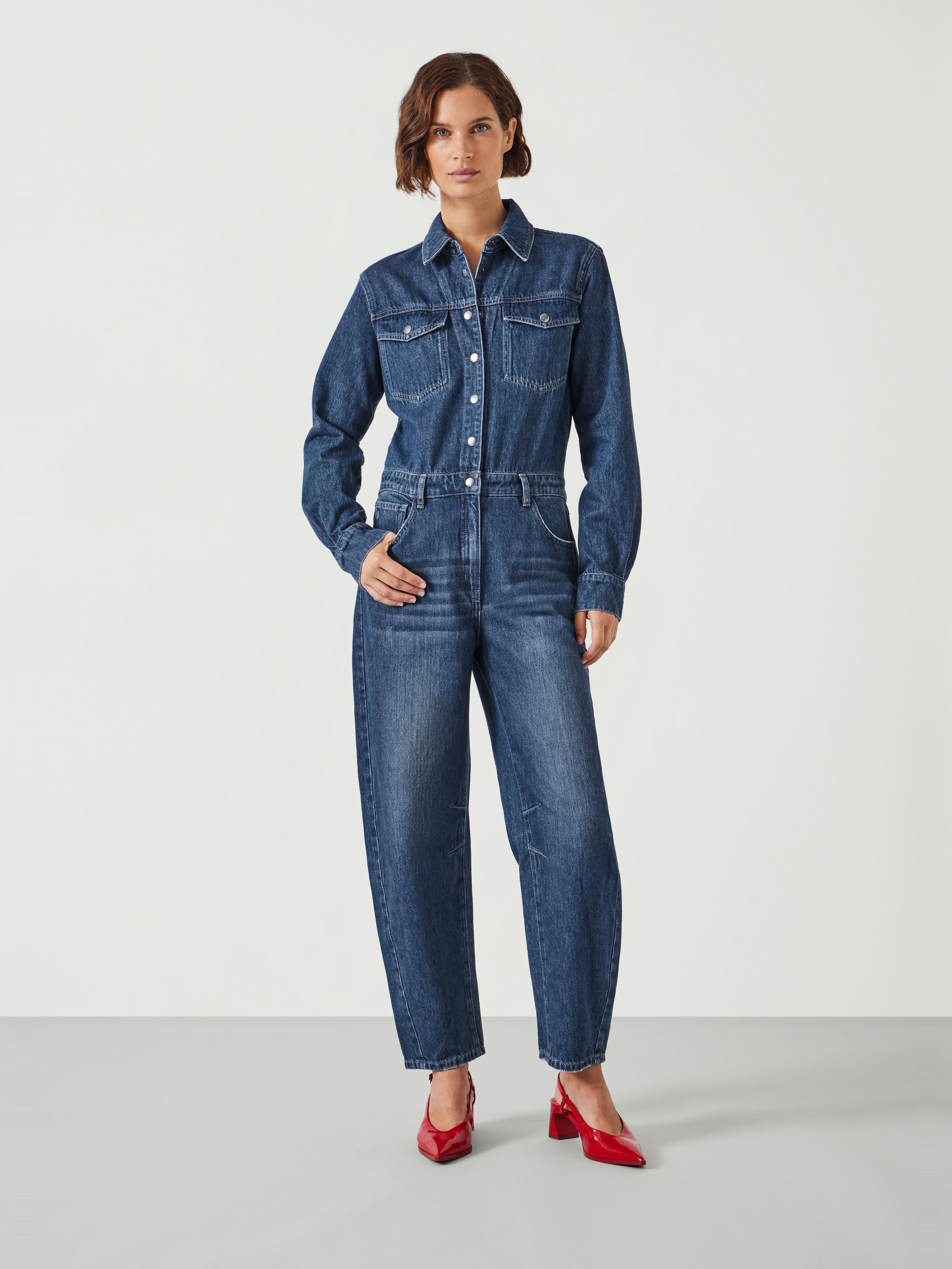 Barrel Leg Long Sleeve Denim Jumpsuit - Mid Authentic Blue