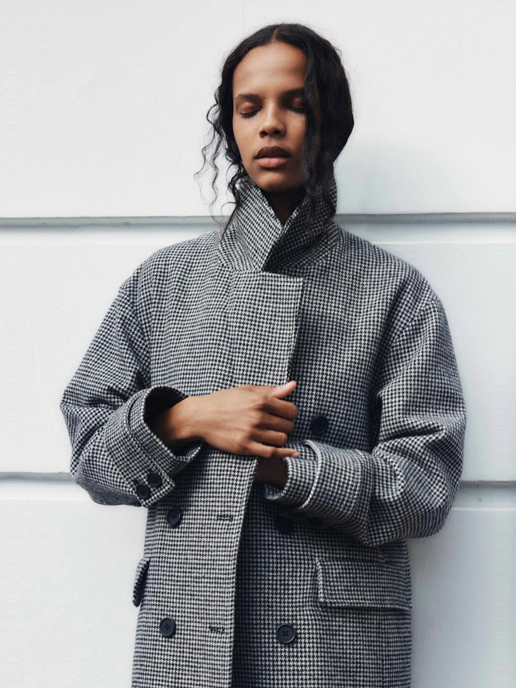 009546-0456-10 Rose Check Double Breasted Wool Blend Coat