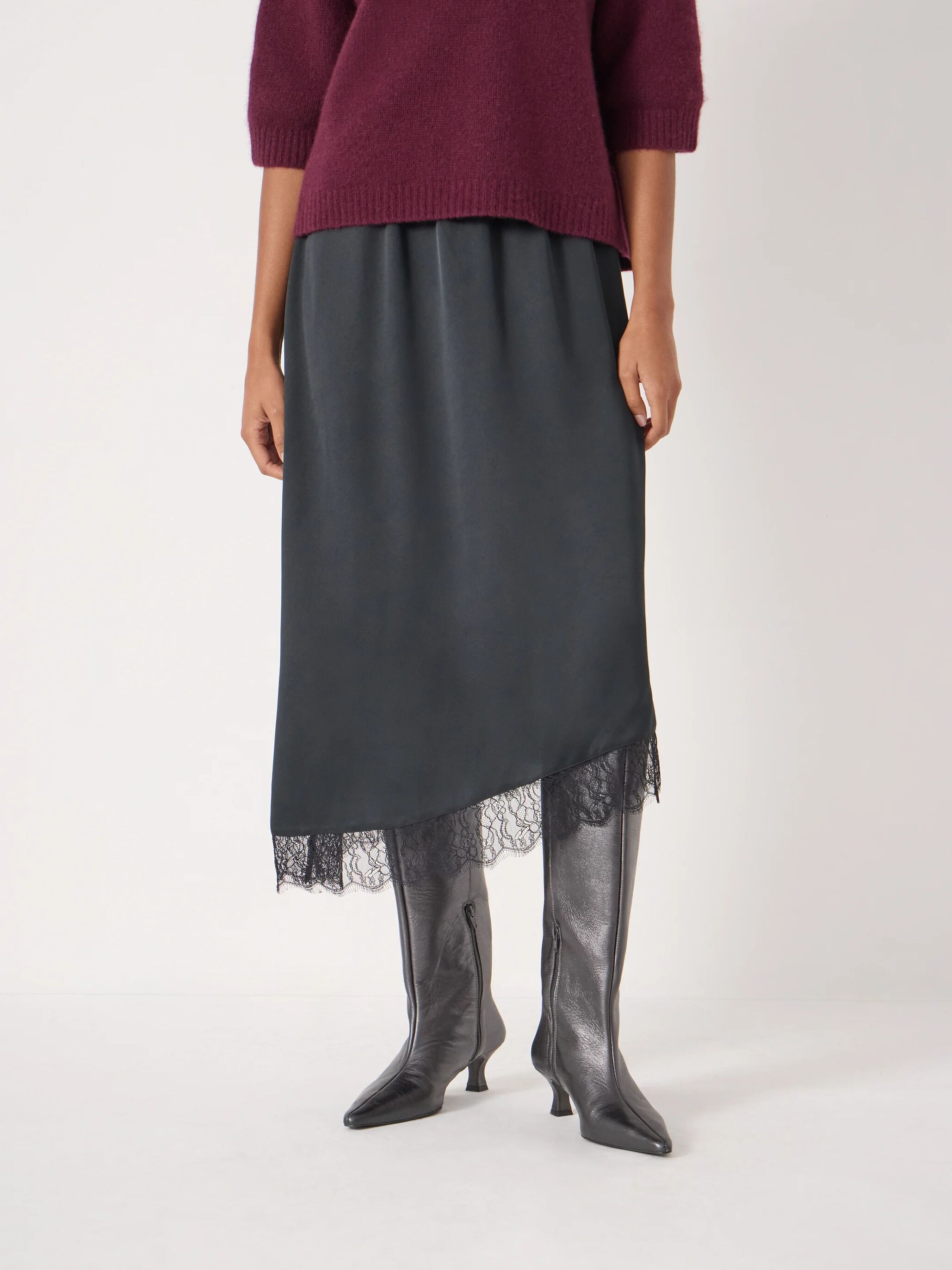 Satin Asymmetric Lace Trim Skirt