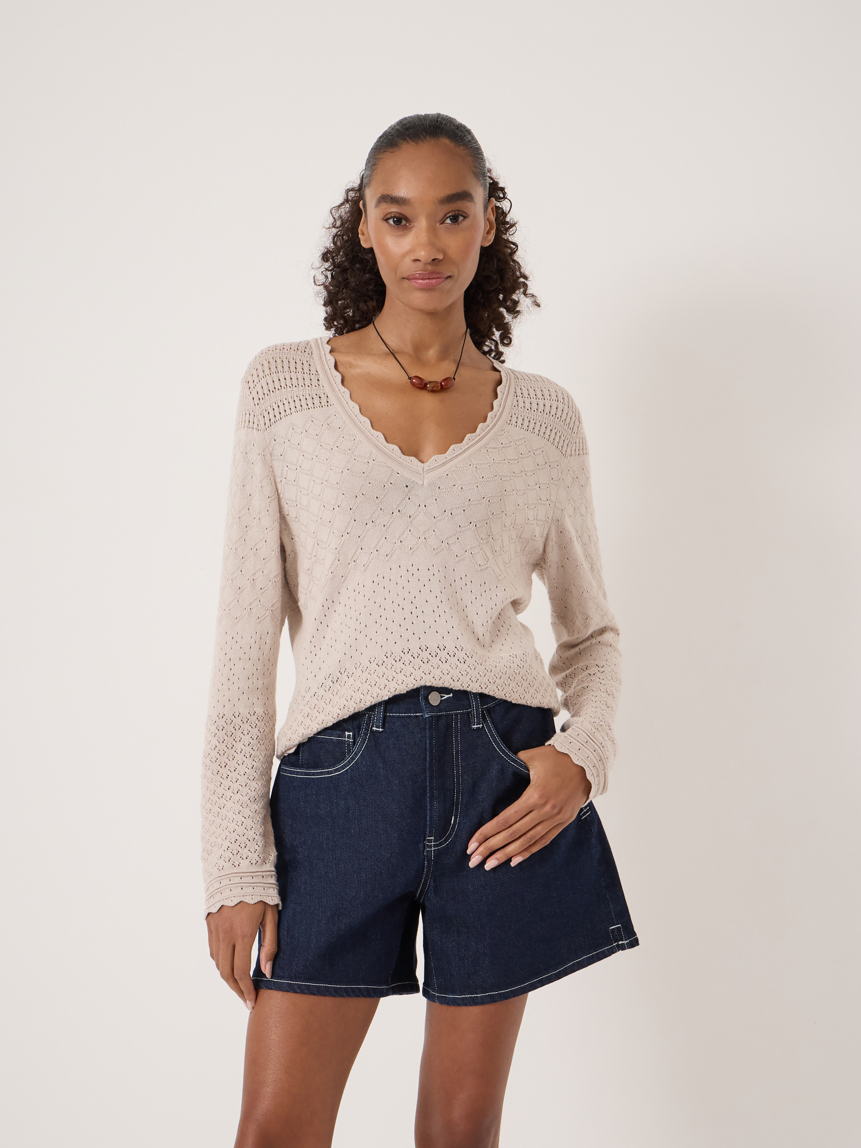 Pointelle Cotton V Neck Jumper