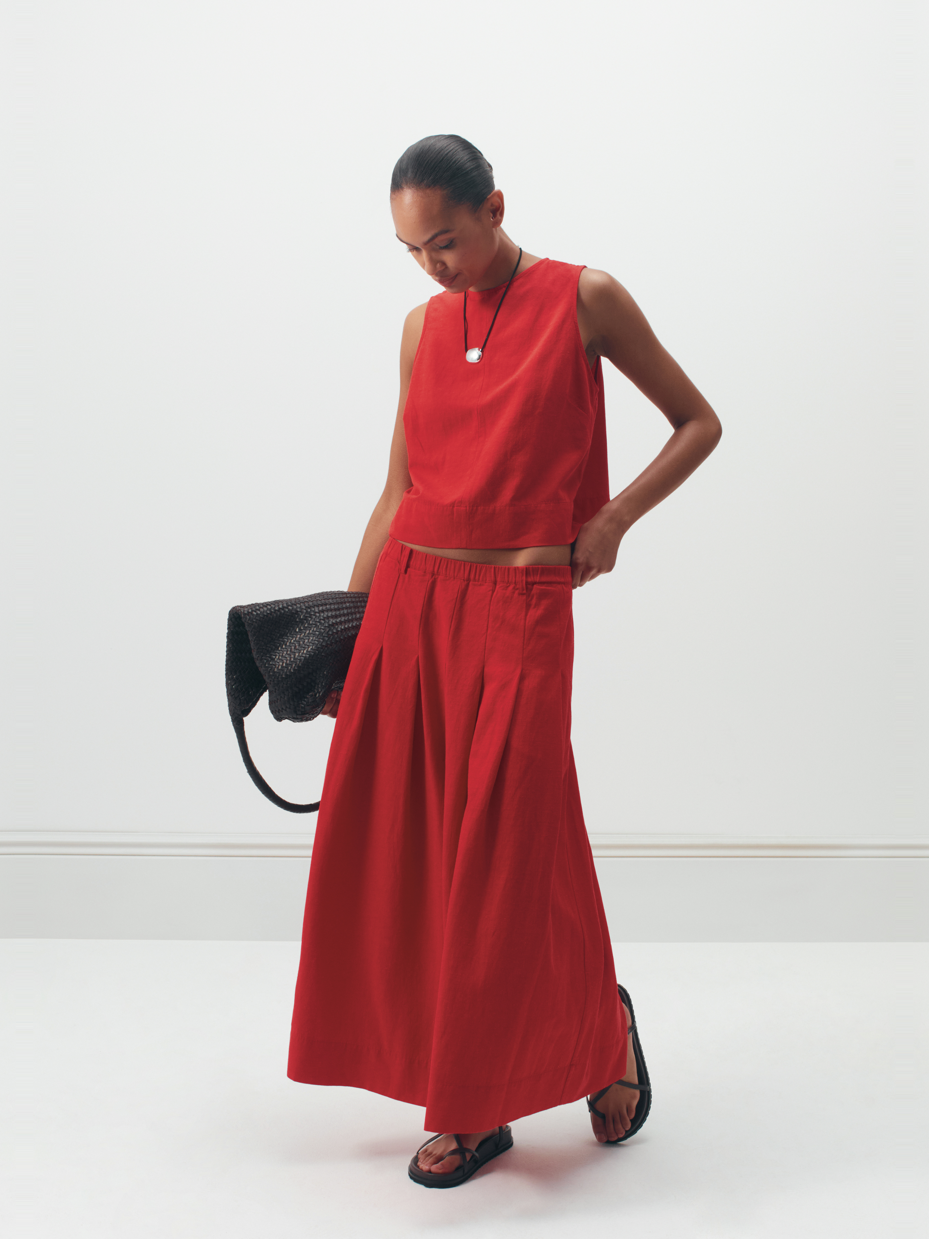 Ivy Pleated Linen Blend Midi Skirt