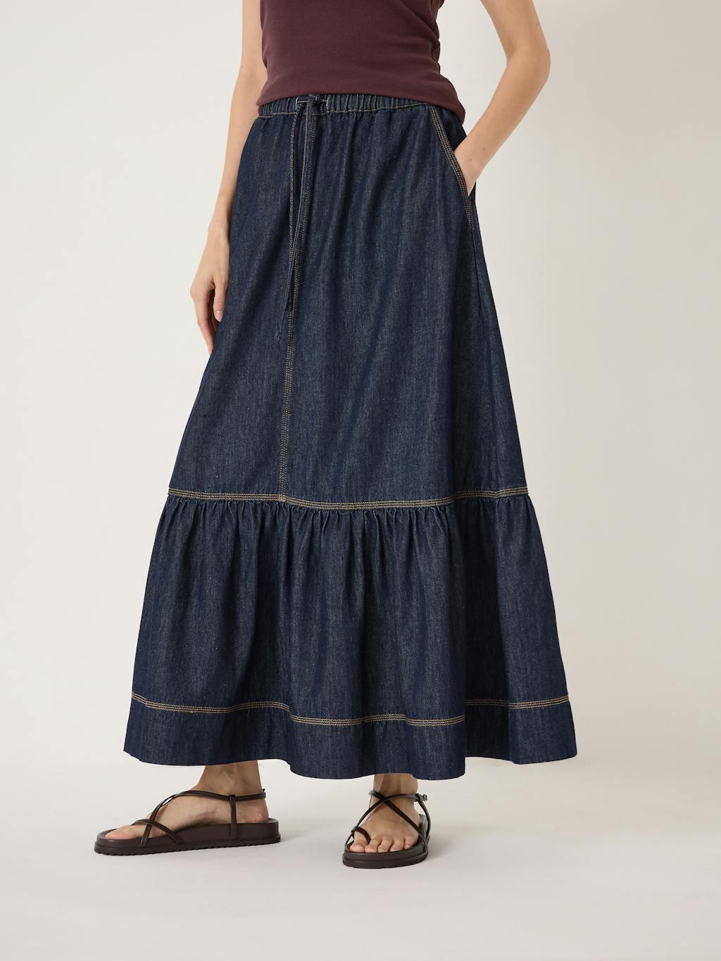 014442-4519-02 Betty Tiered Denim Midi Skirt