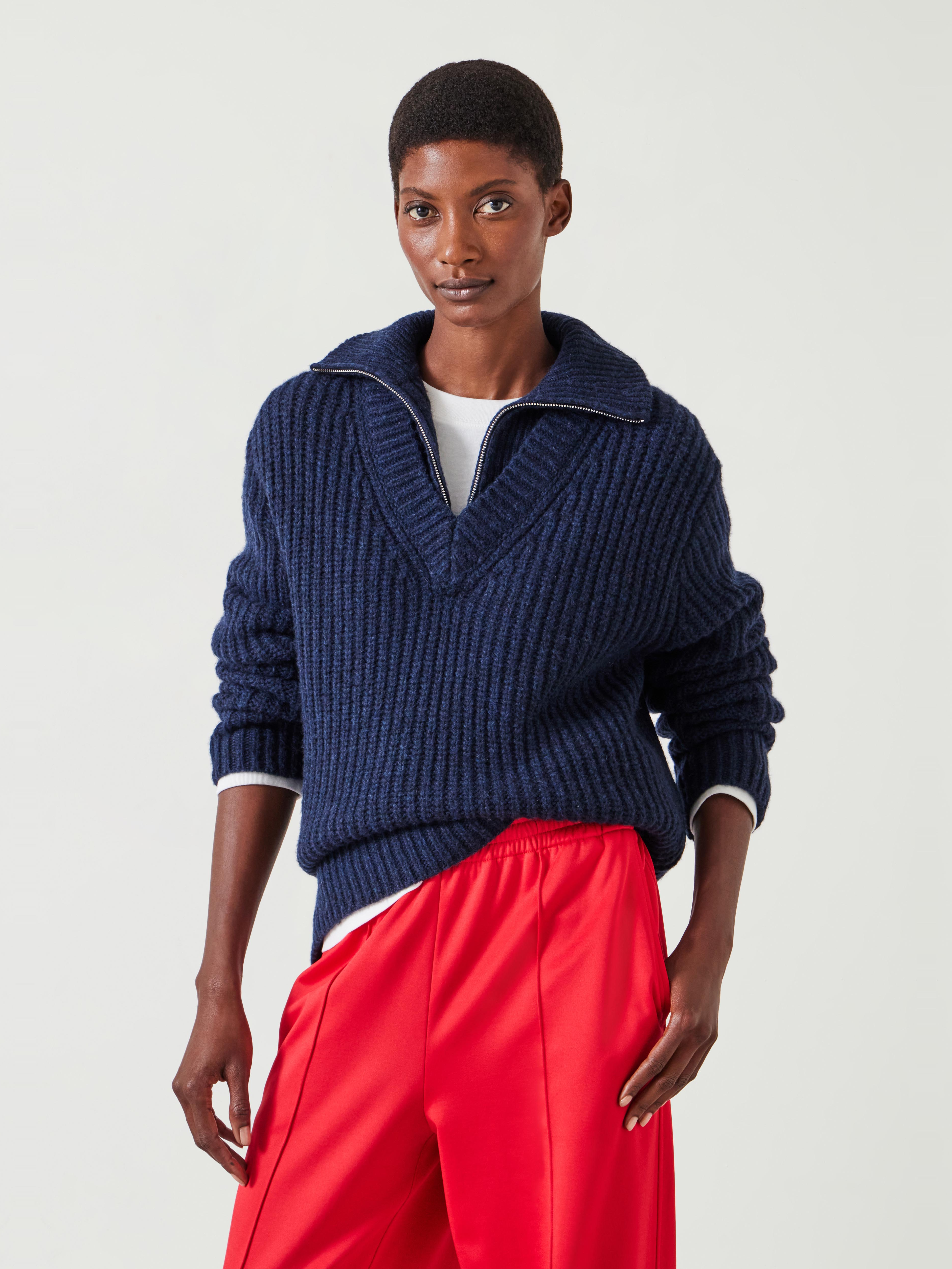 Ella Zip V Neck Jumper - Midnight Navy | Hush