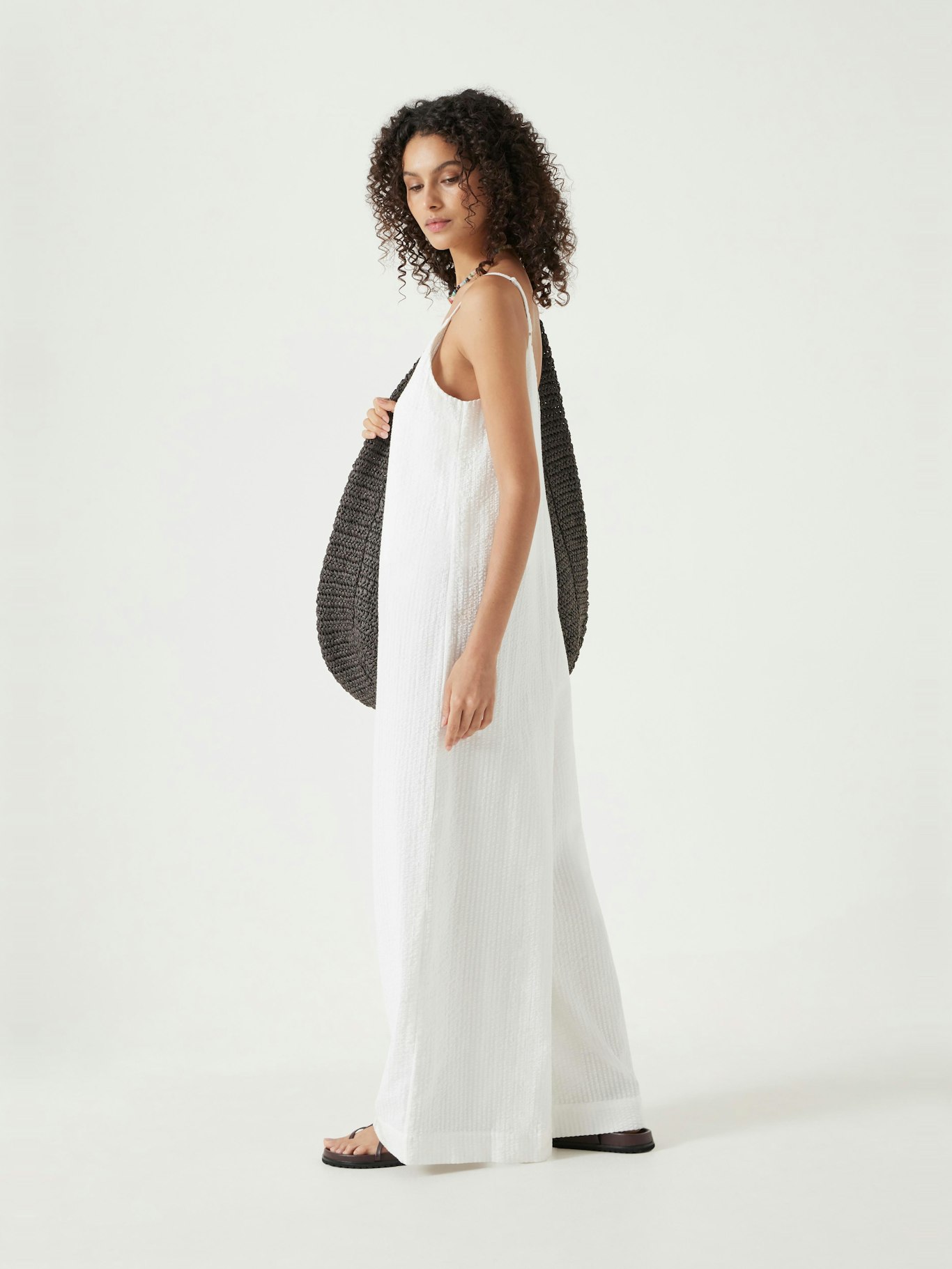 013064-0001-04 Seersucker Cotton Wide Leg Jumpsuit