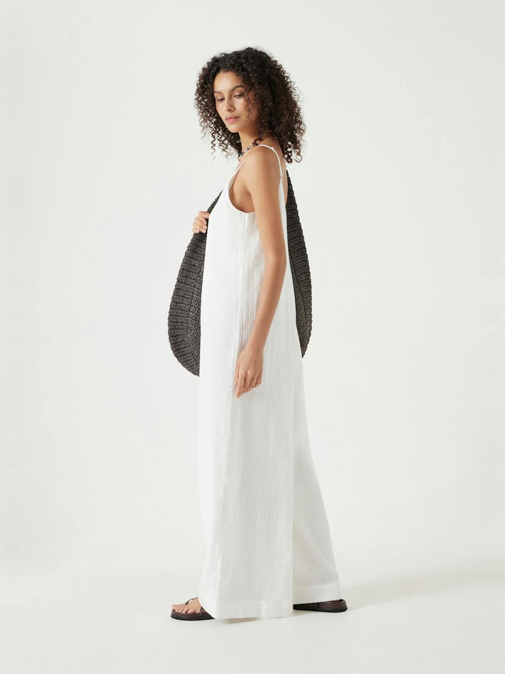 013064-0001-04 Seersucker Cotton Wide Leg Jumpsuit