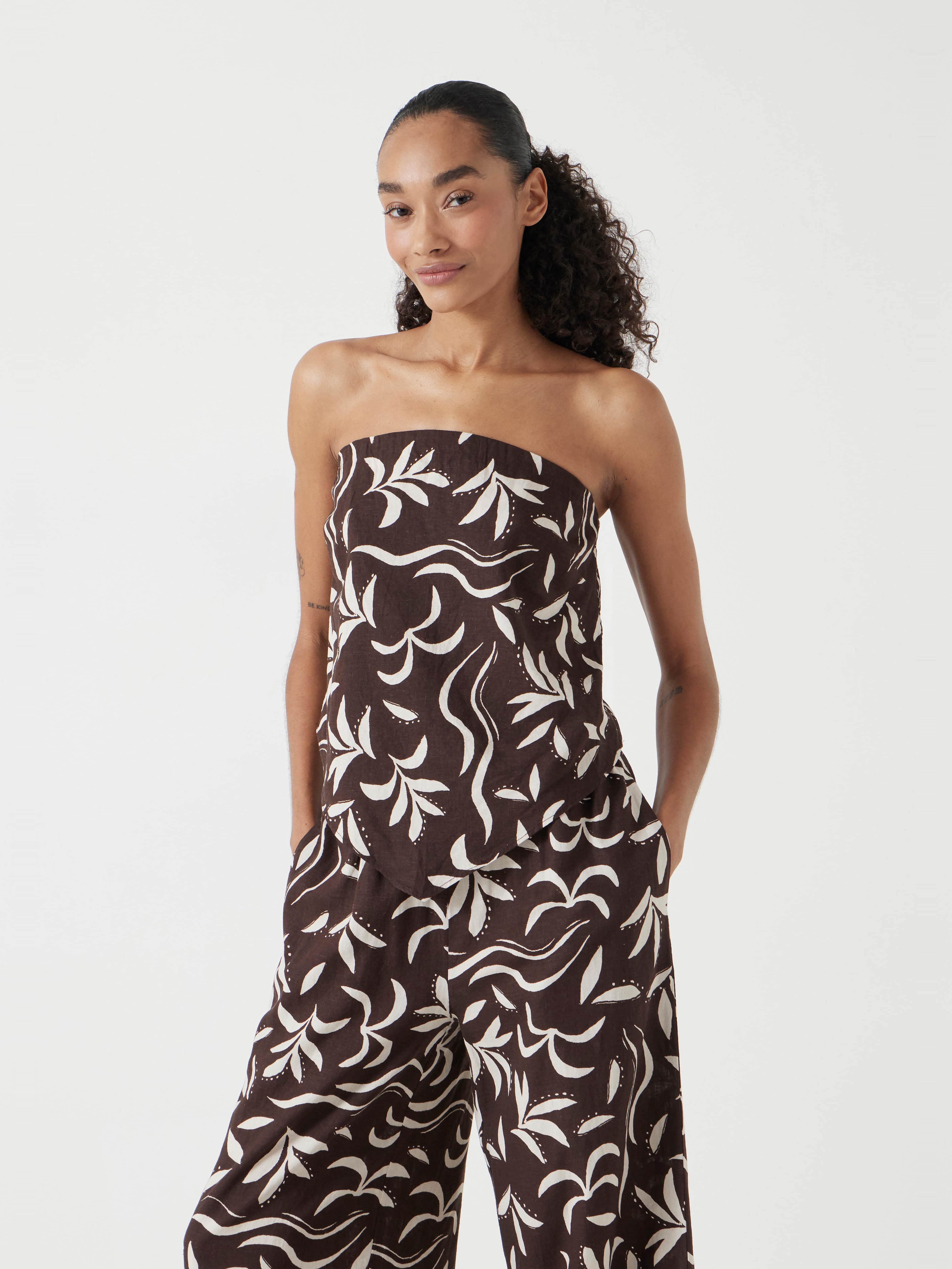 Printed Linen Blend Bandeau Top