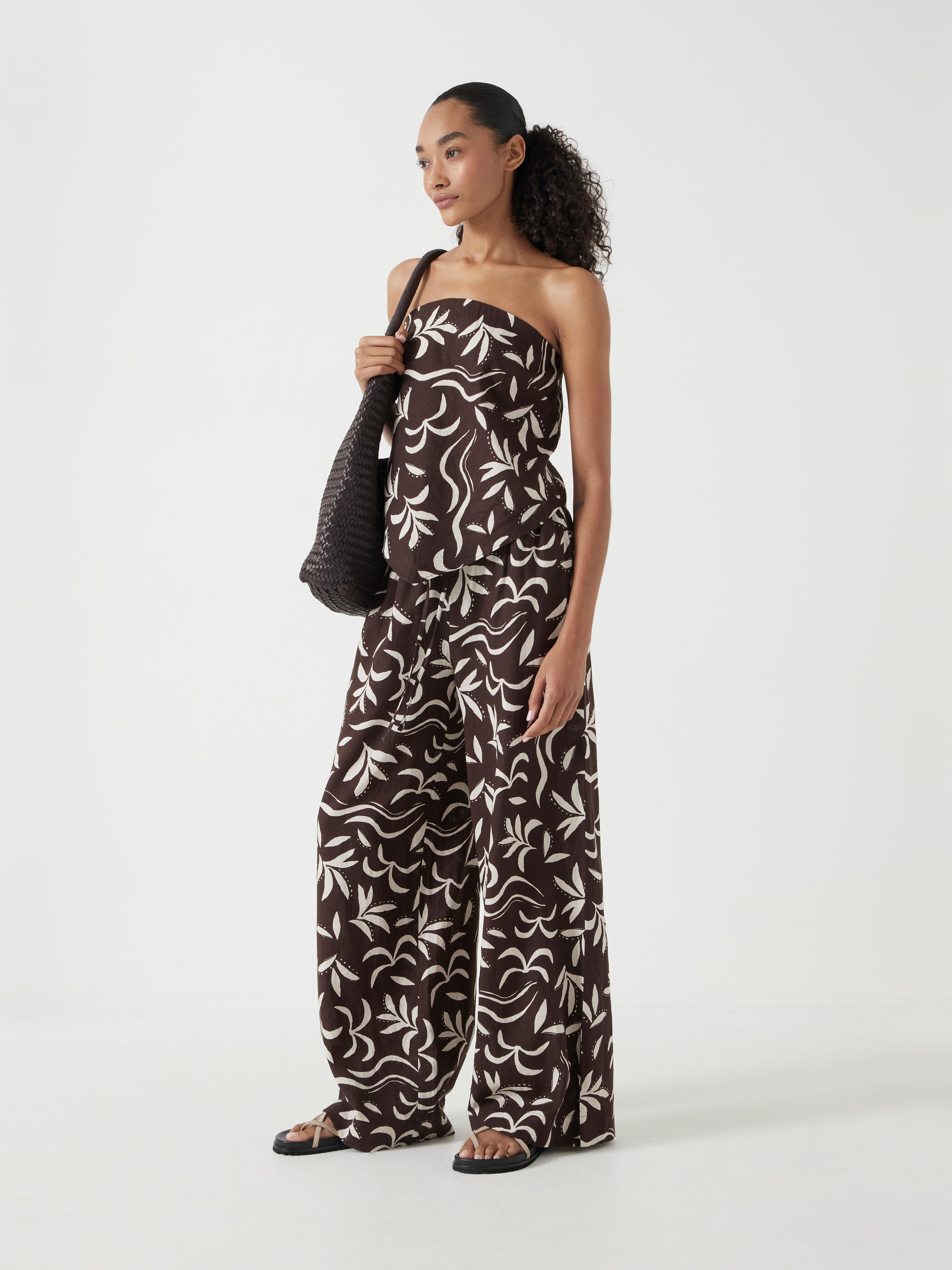 Printed Linen Blend Bandeau Top