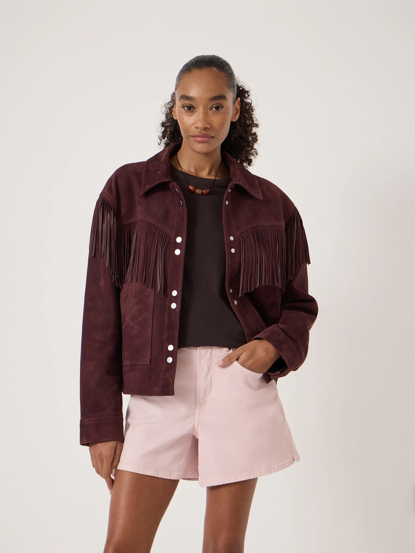 mid-range suede fringe jacket for women