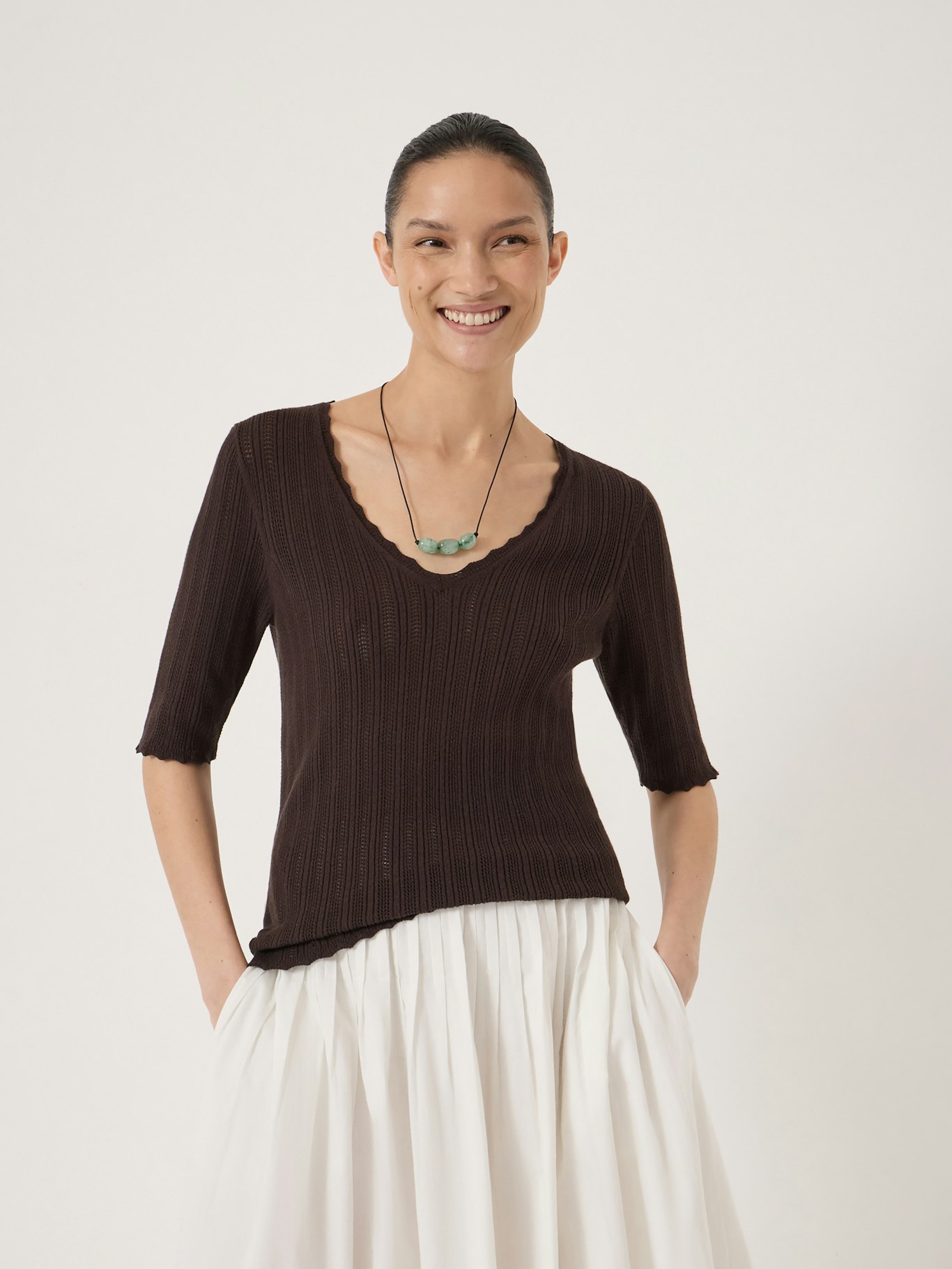 014823-0450-01 Fine Pointelle Short Sleeve Knitted T-shirt