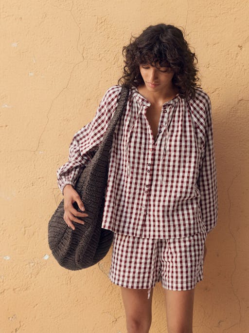 Elsa Gathered Gingham Beach Shirt
