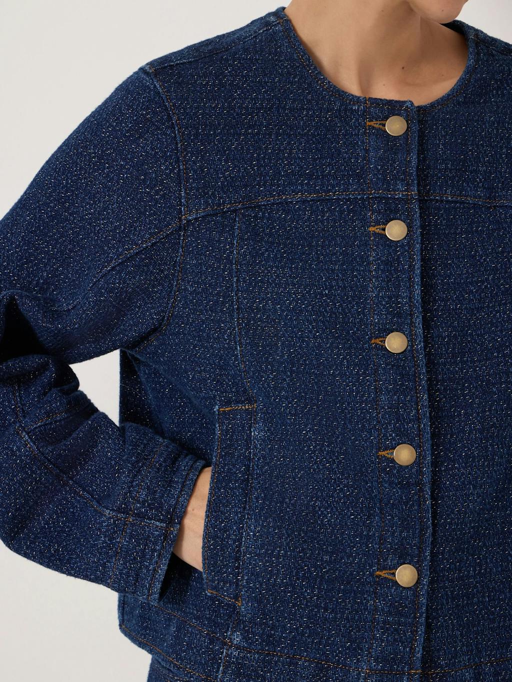 014735-2977-03 Collarless Lurex Denim Jacket