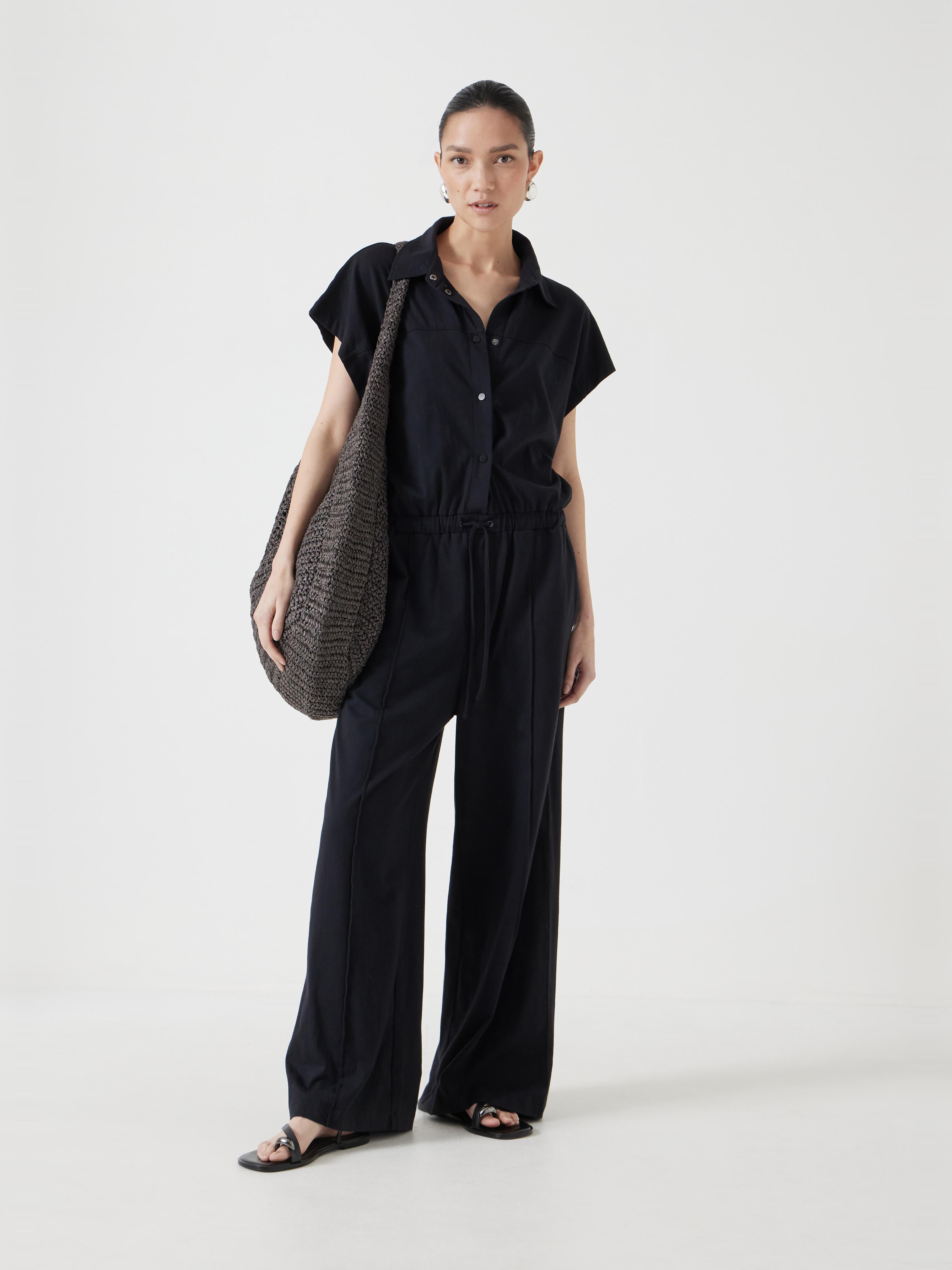 Short Sleeve Wide Leg Jersey Jumpsuit - Black