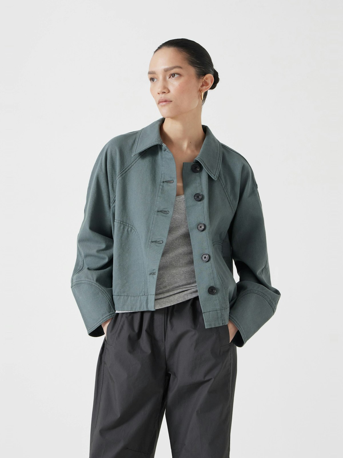 Cotton Barrel Sleeve Cropped Swing Jacket | Sage Green | hush