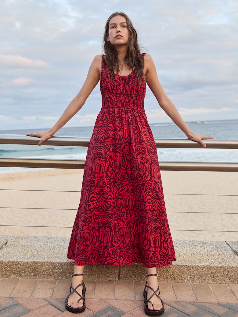 Air Flow Gathered Straps Midi Dress