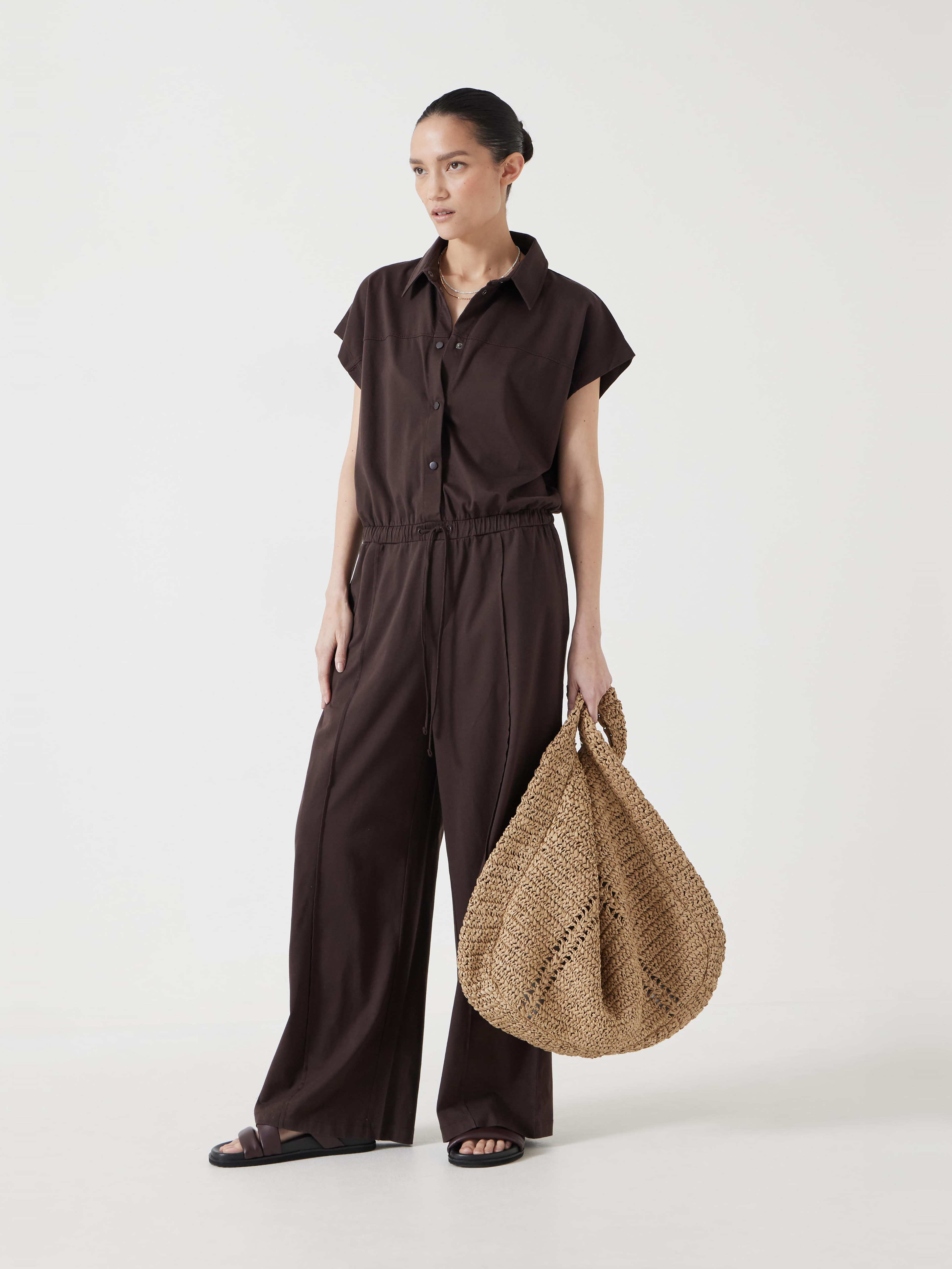 Short Sleeve Wide Leg Jersey Jumpsuit | Chocolate Brown | hush