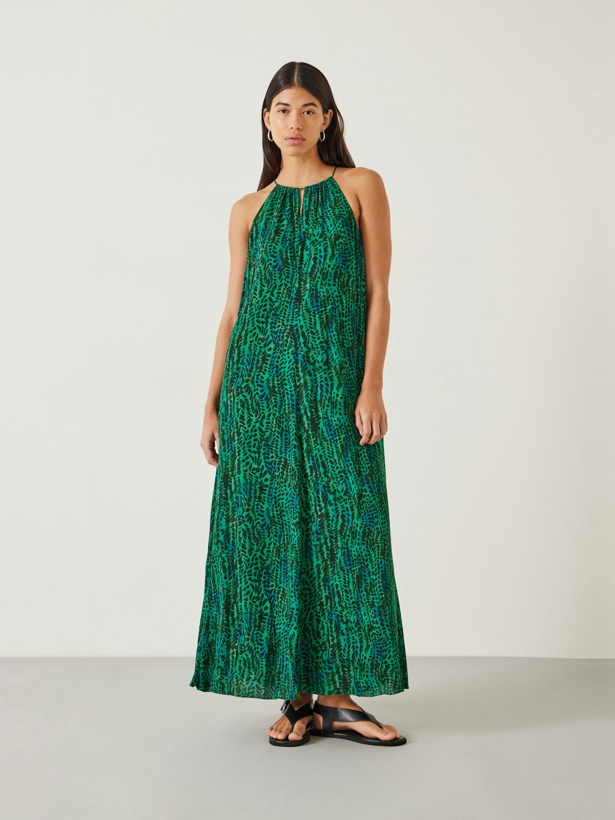 Cassie Relaxed Halter Neck Maxi Dress | Watercolour Animal Green | hush