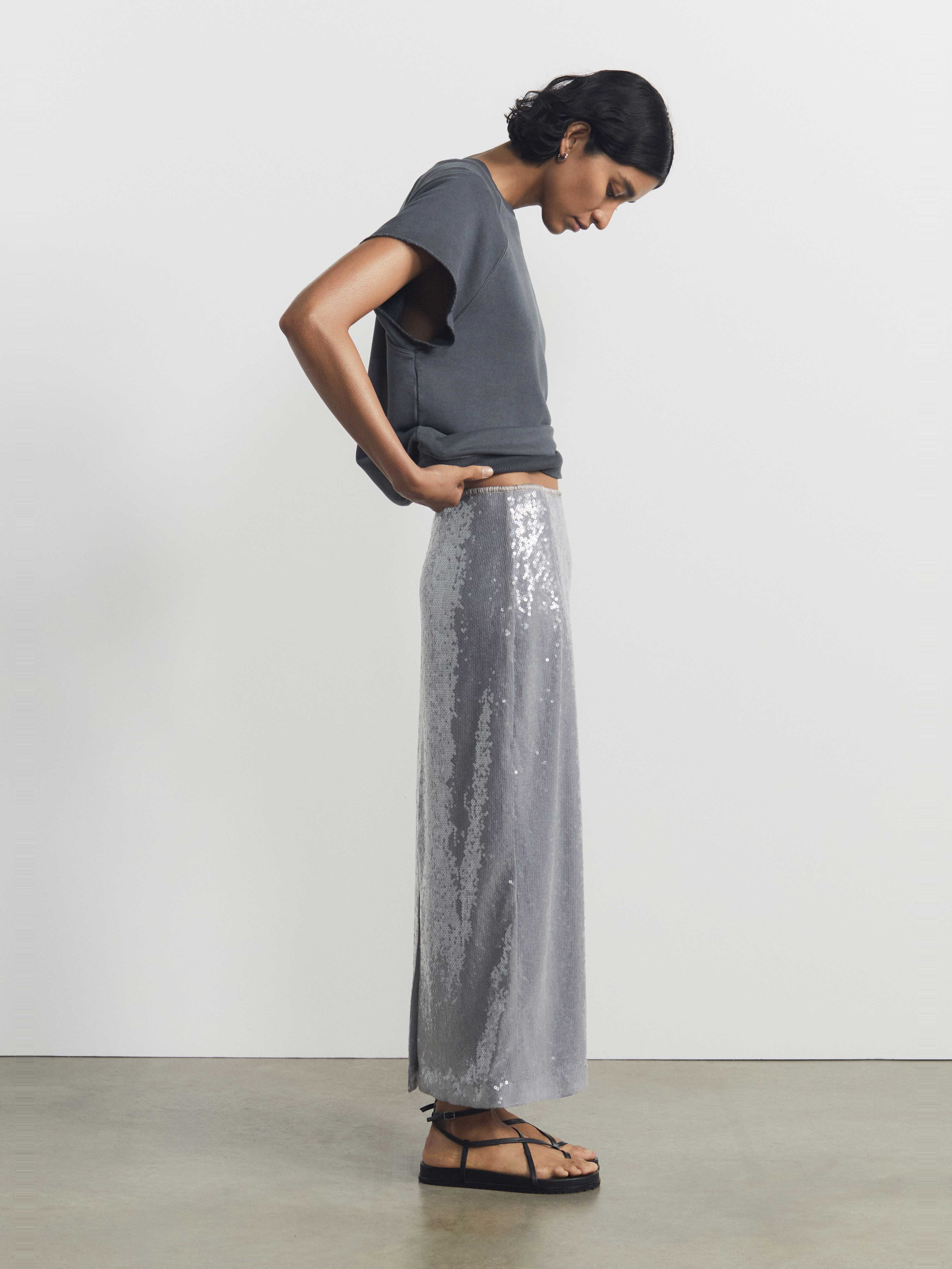 Anais Sheer Sequin Midi Skirt | Opal Grey | hush