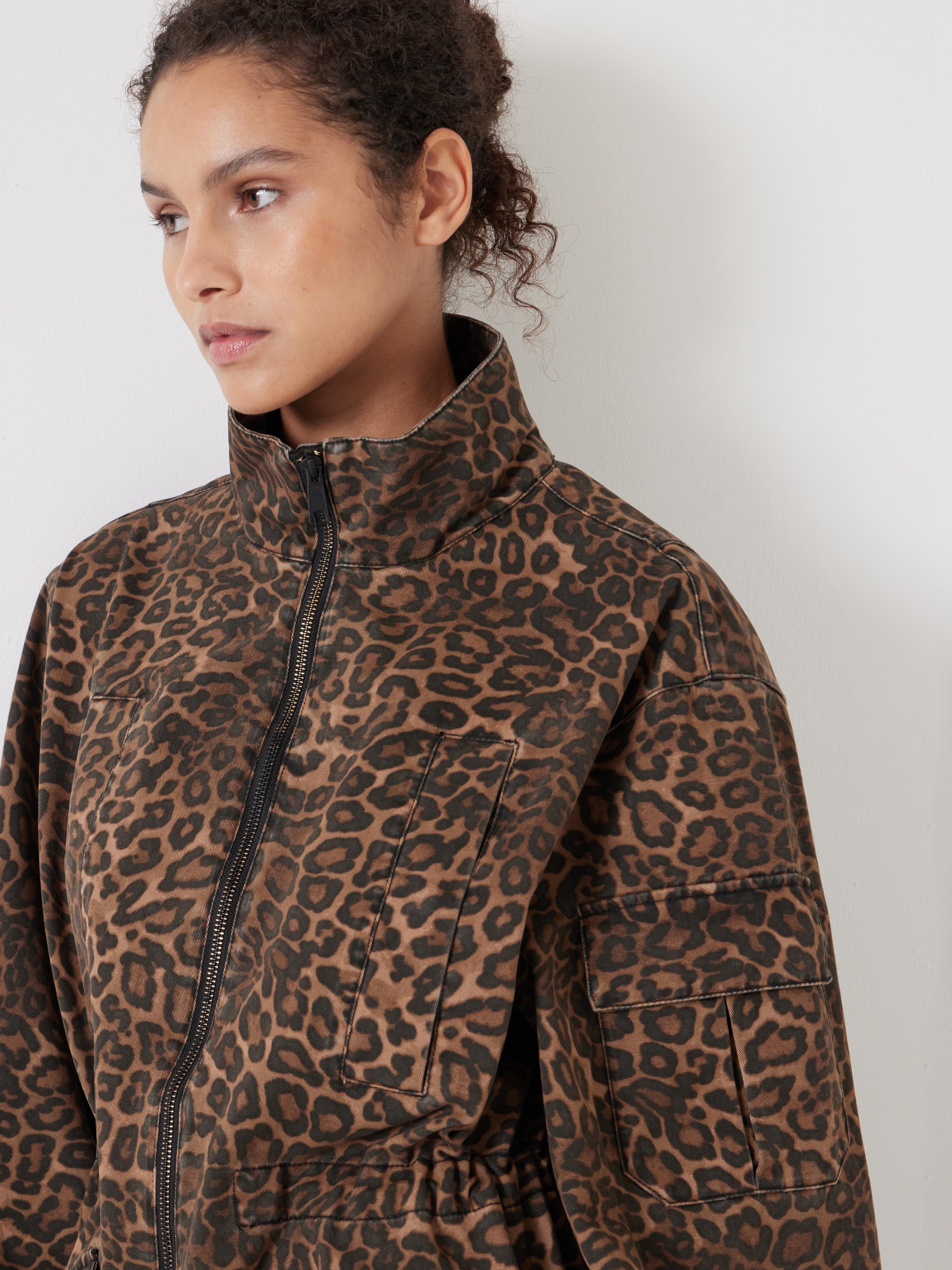 Oversized Utility Funnel Neck Parka Jacket - Brown Leopard Print