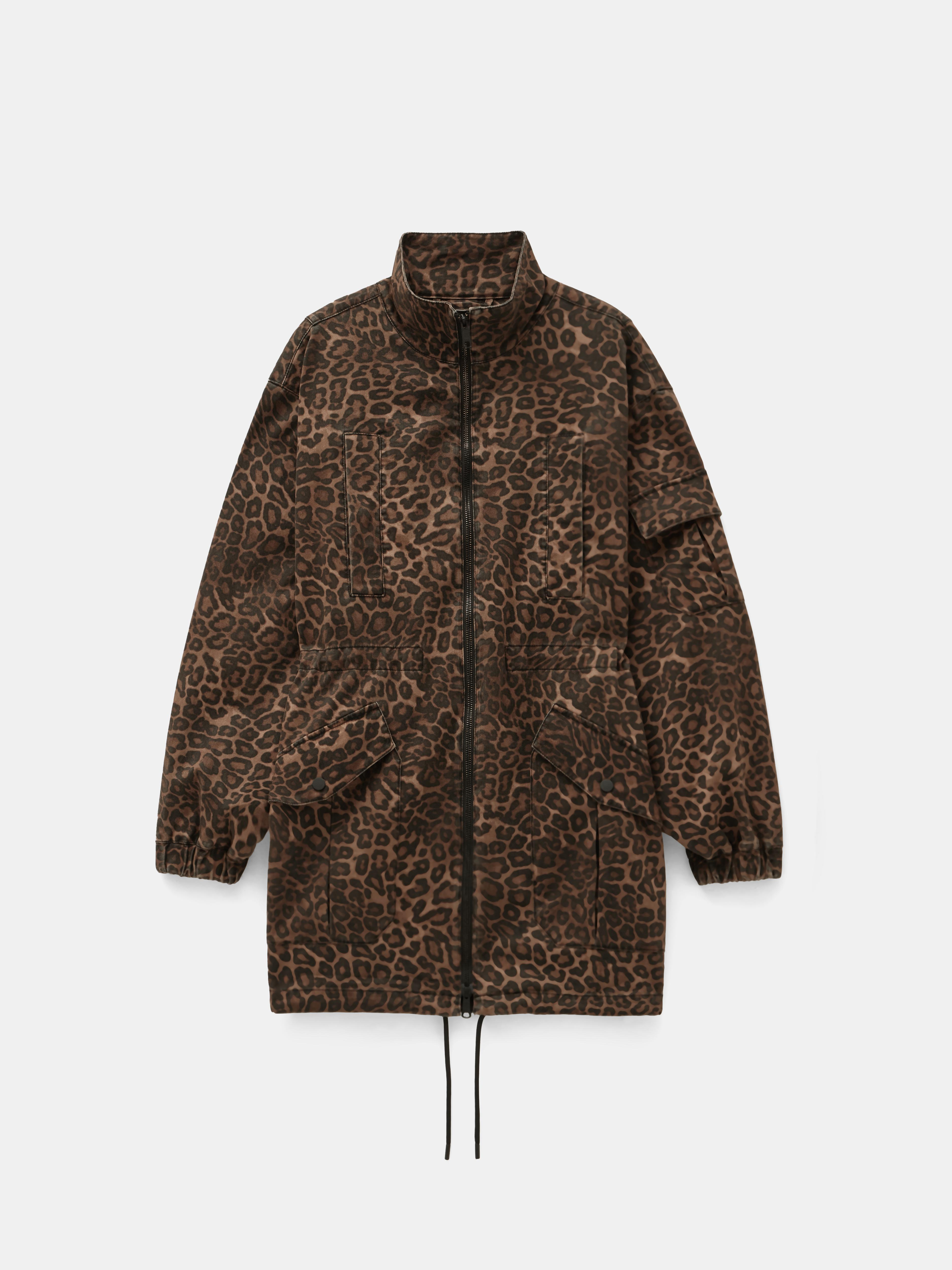 Oversized Utility Funnel Neck Parka Jacket | Brown Leopard Print