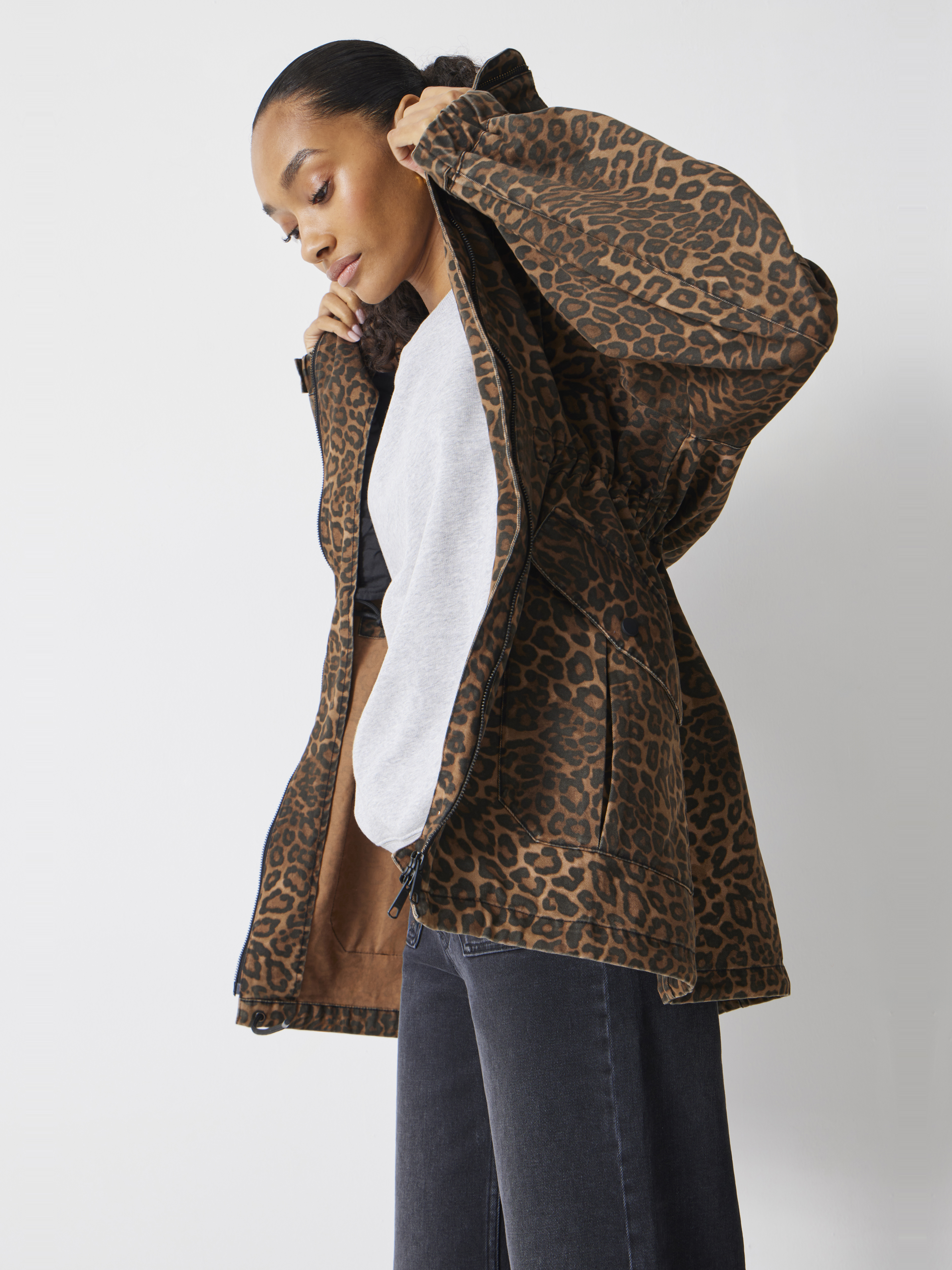 Oversized Utility Funnel Neck Parka Jacket | Brown Leopard Print