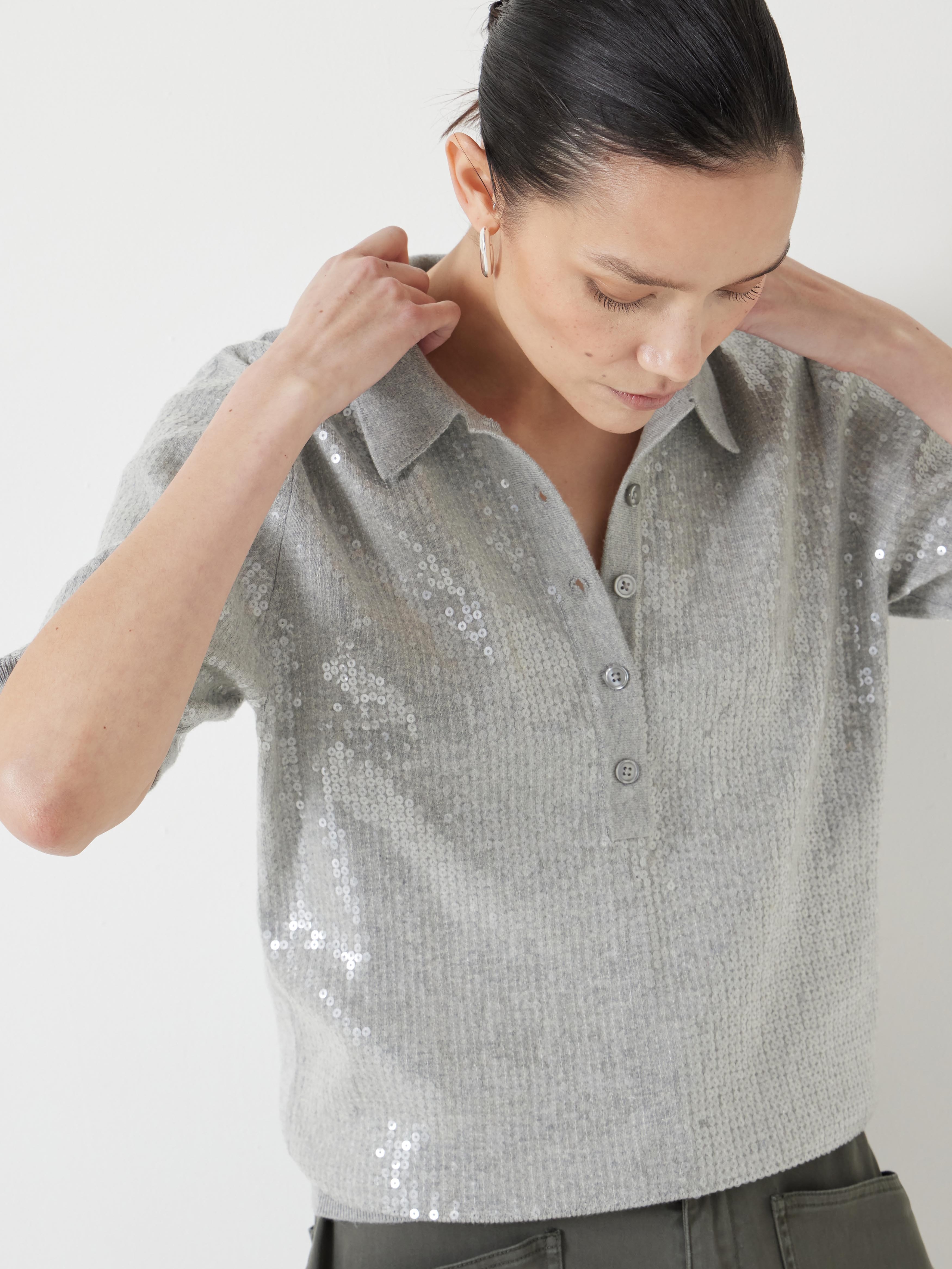Clear Sequin Knitted Polo Top