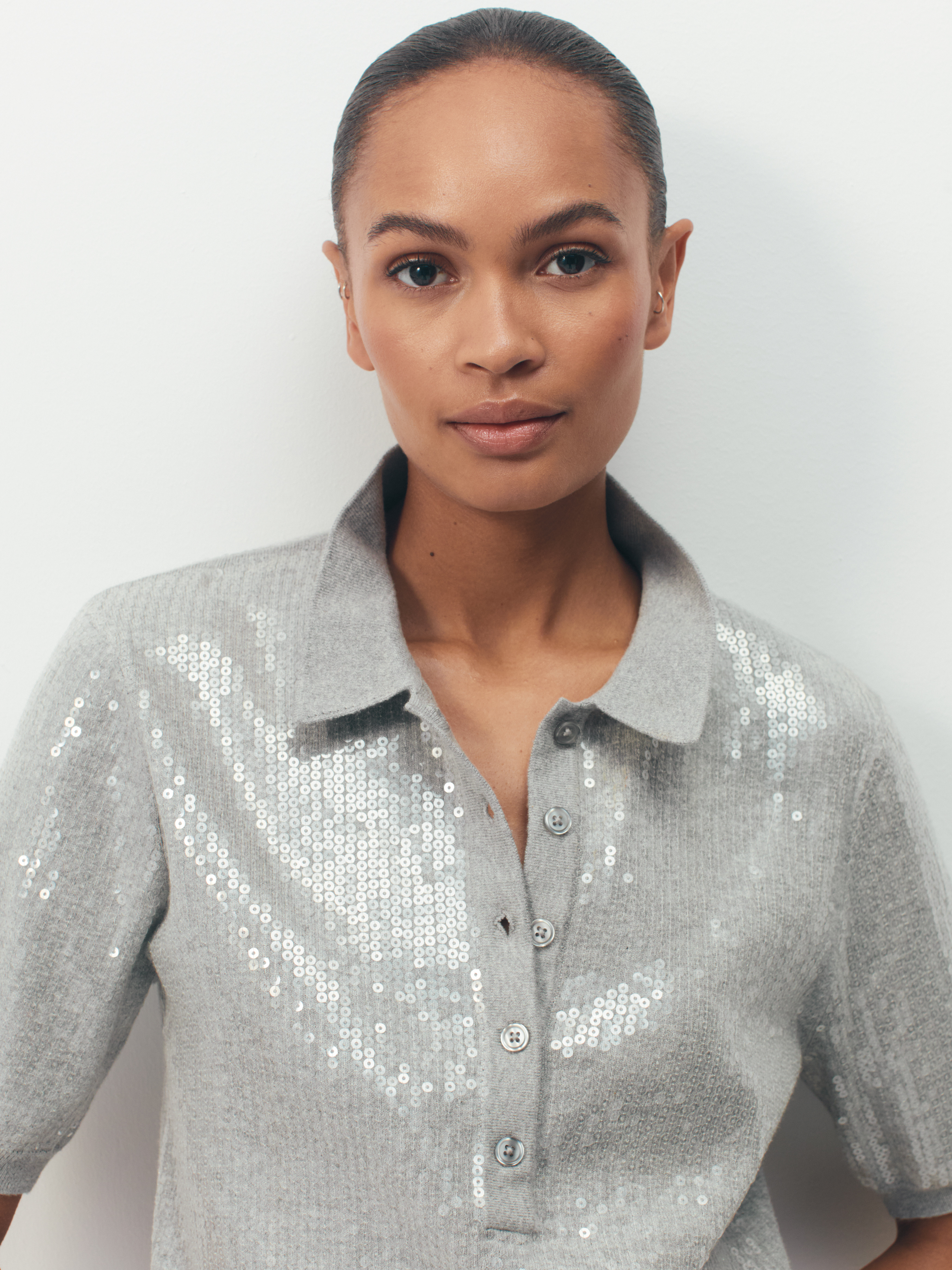 Clear Sequin Knitted Polo Top