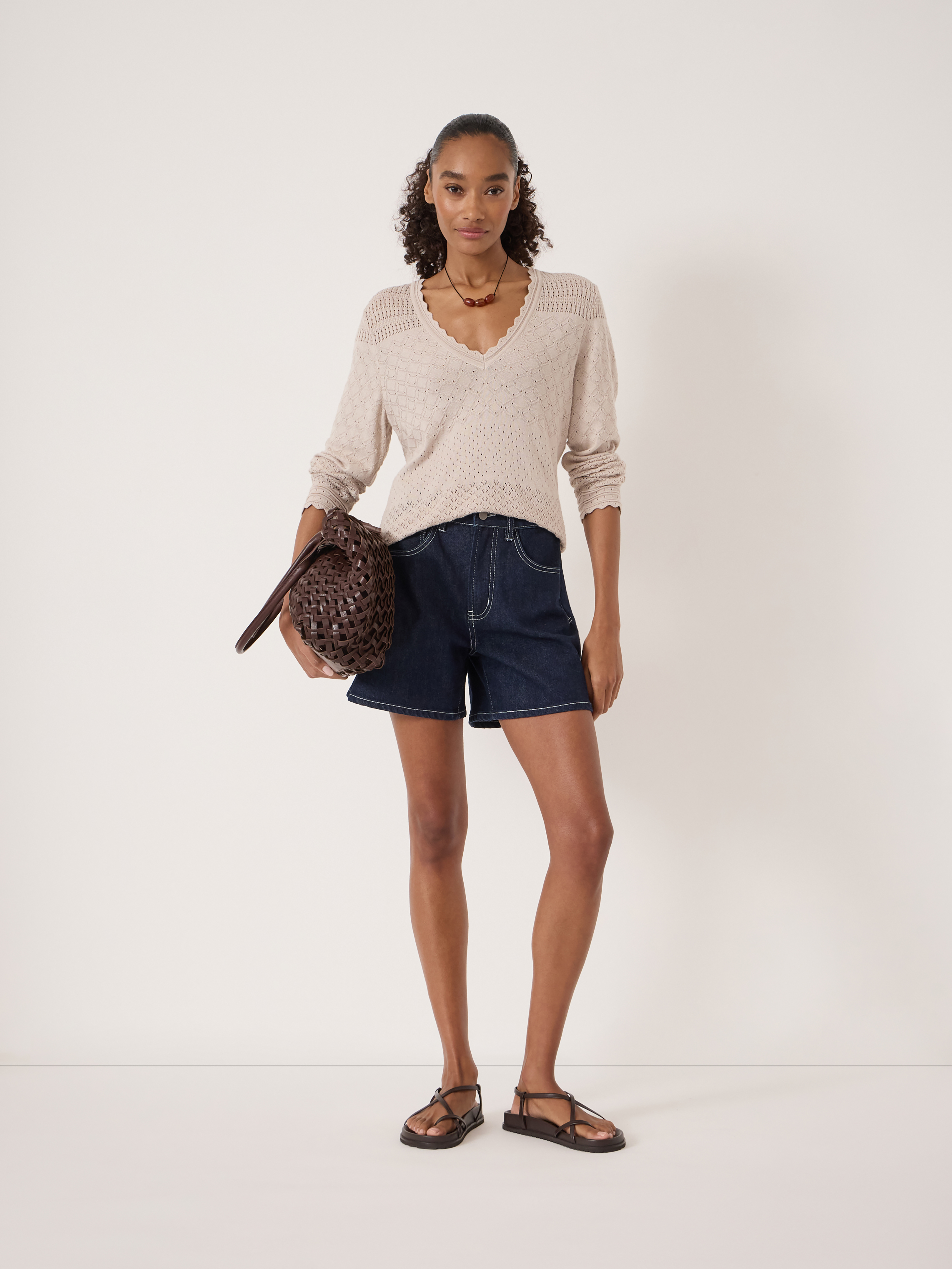 Pointelle Cotton V Neck Jumper