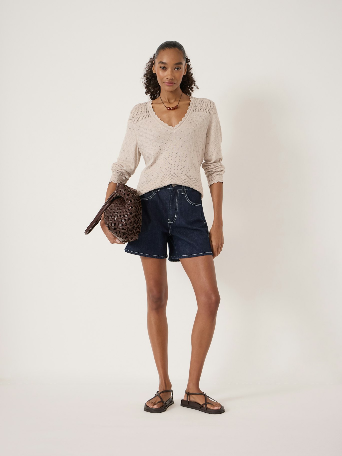 014772-0340-02 Pointelle Cotton V Neck Jumper